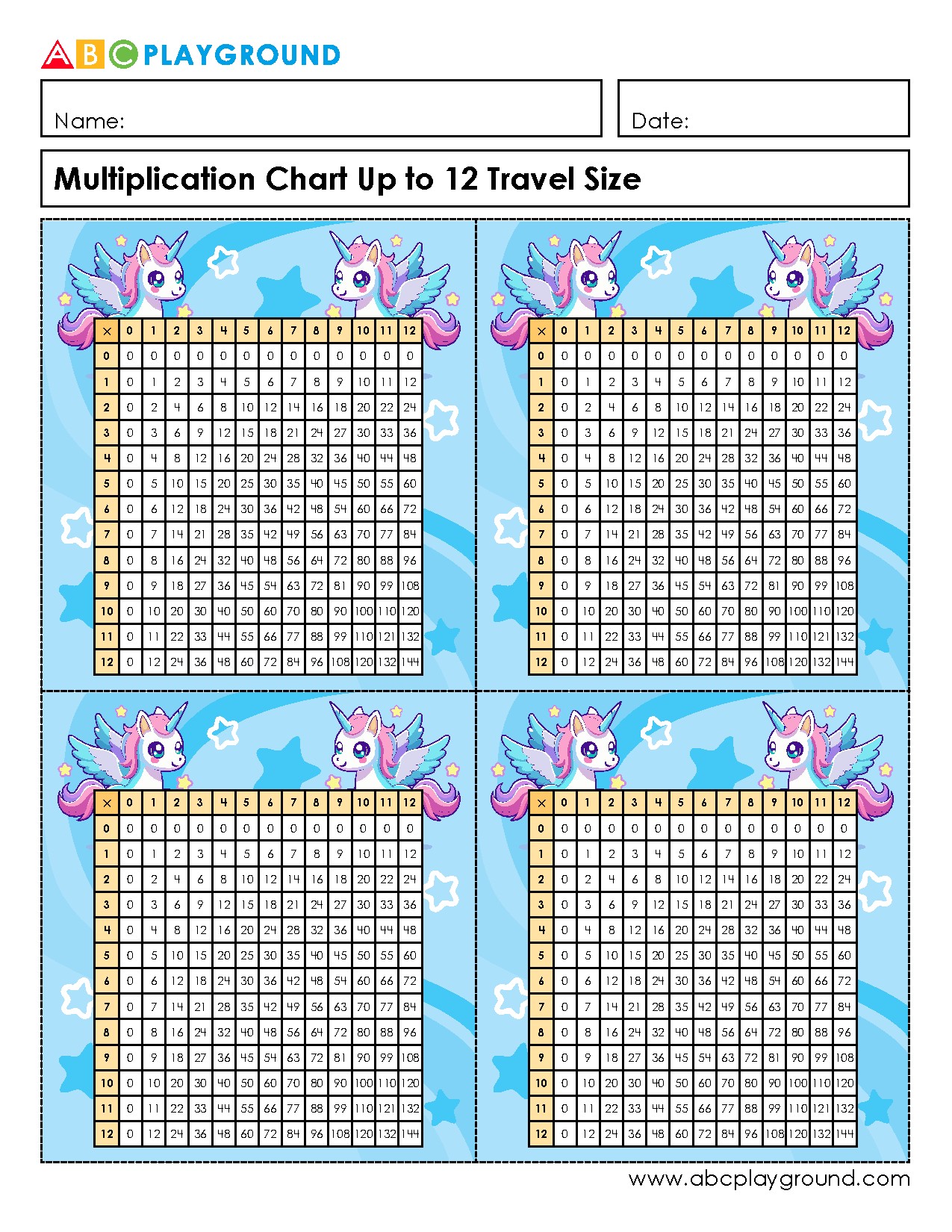 Multiplication Chart Up to 12 Travel Size for Easy Reference