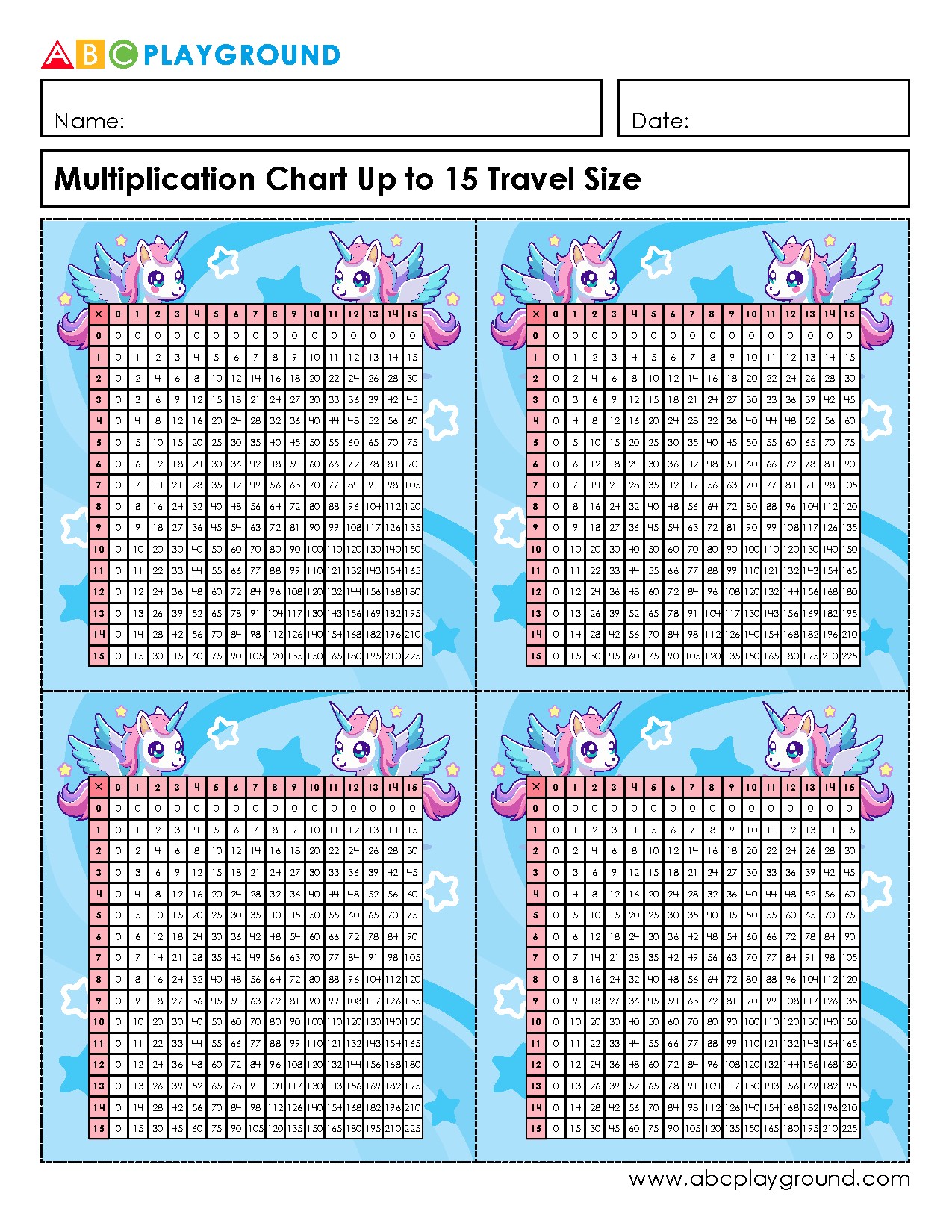 Multiplication Chart Up to 15 Travel Size Printable