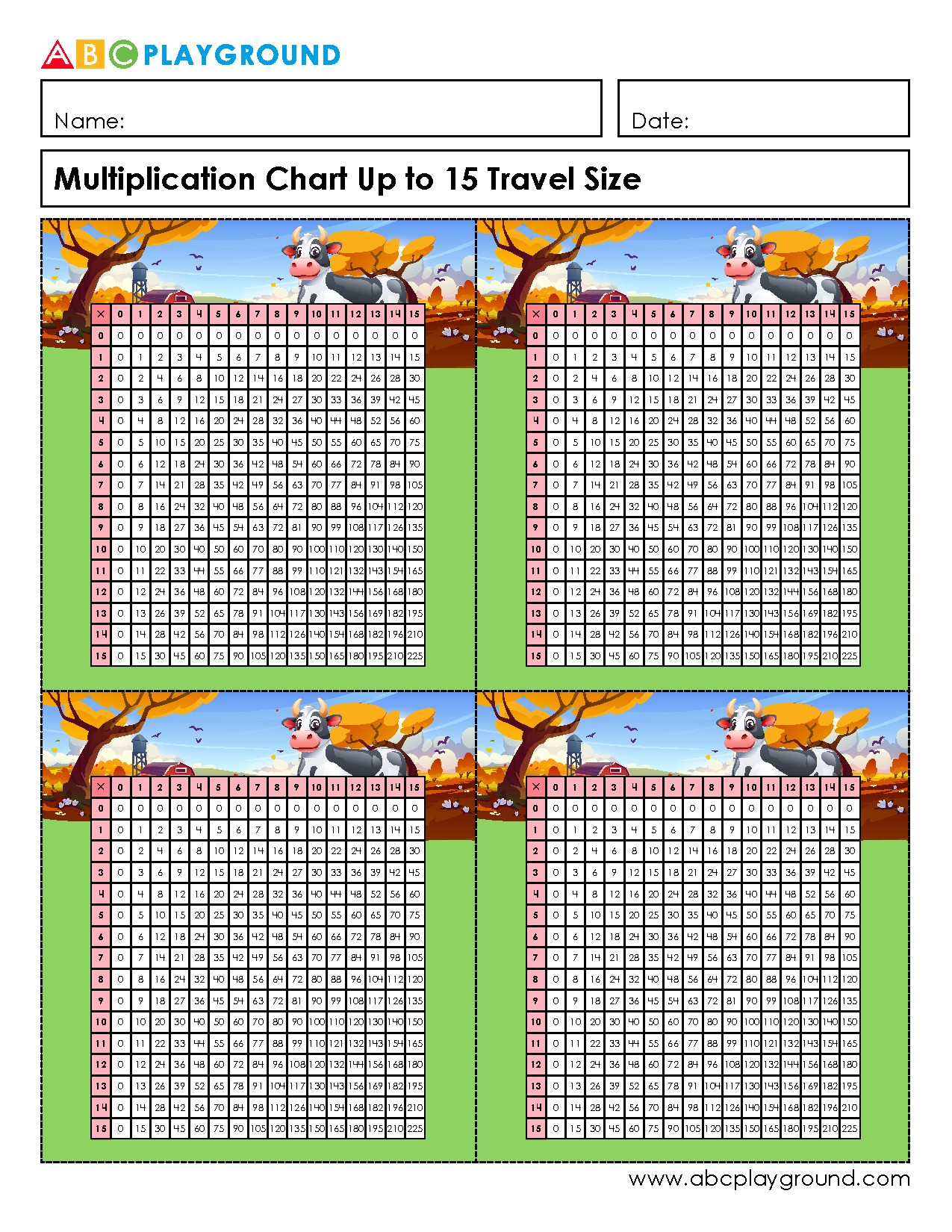 Multiplication Chart Up to 15 With Fun Farm Theme