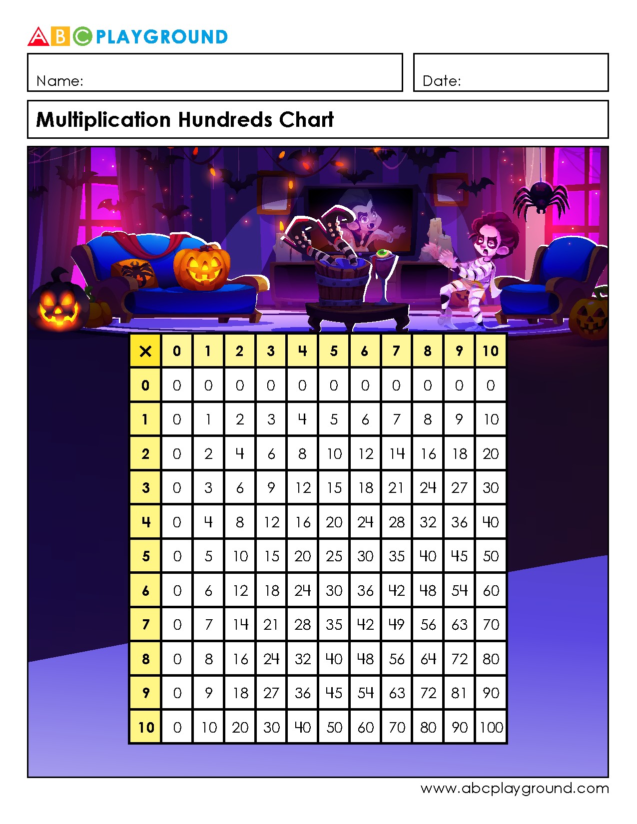 Halloween-Themed Multiplication Hundreds Chart