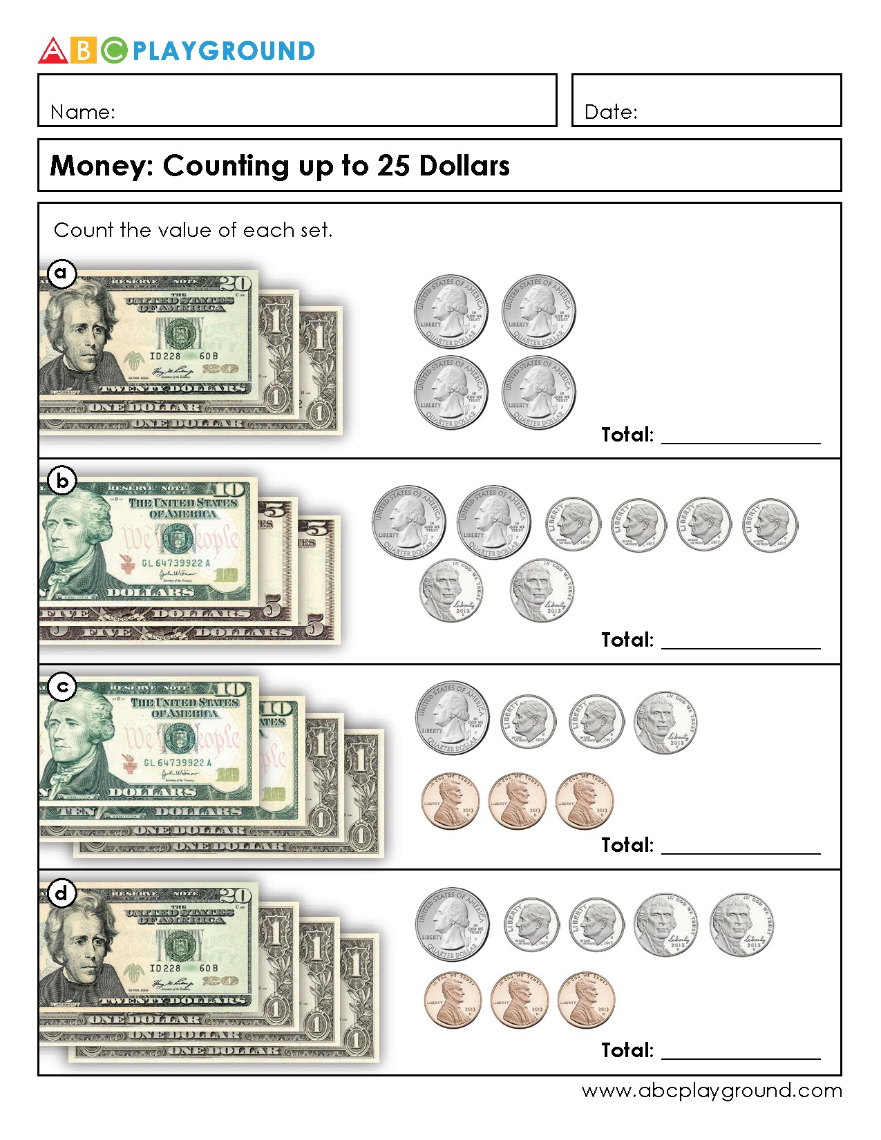 Counting Money Up to 25 Dollars Worksheet
