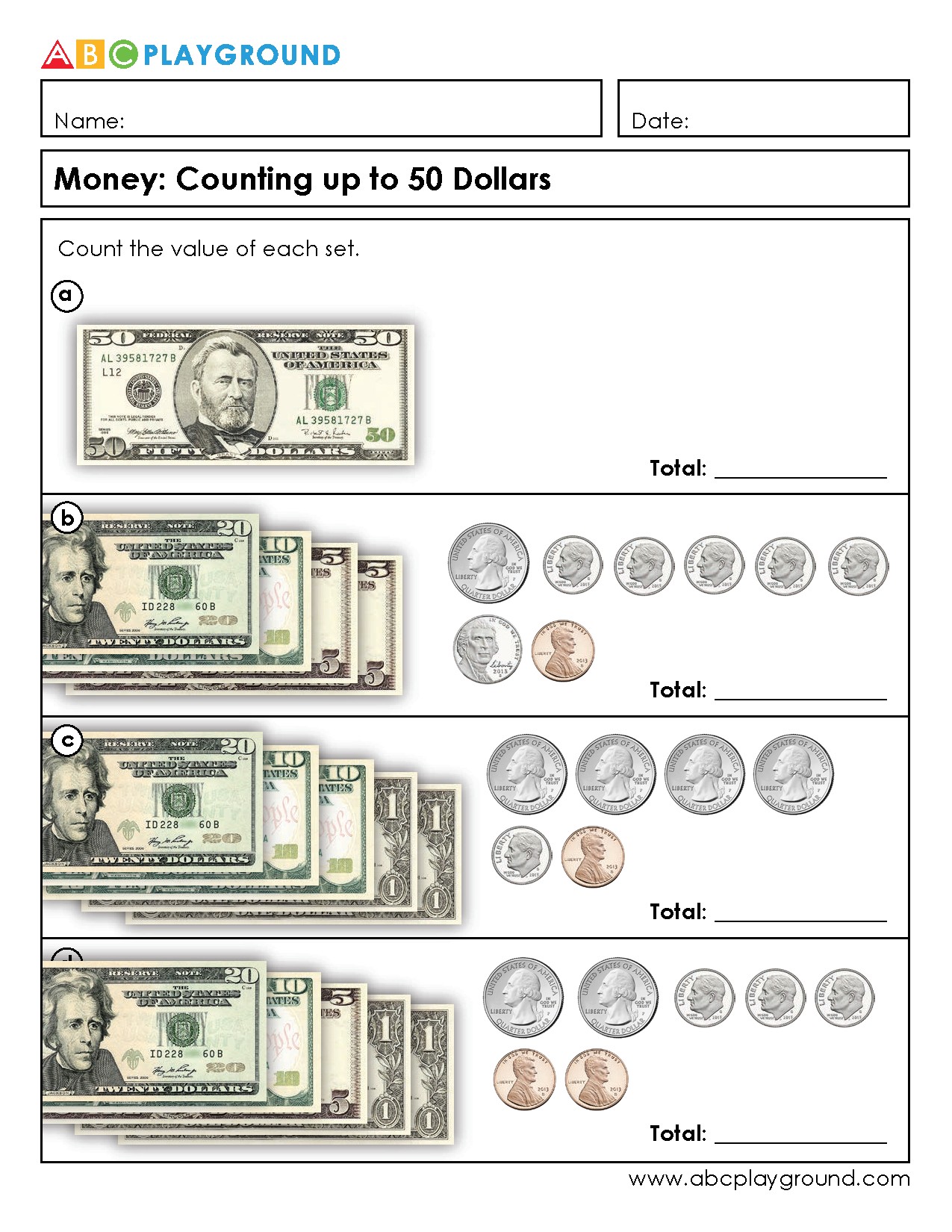 Counting Money Up to 50 Dollars Worksheet