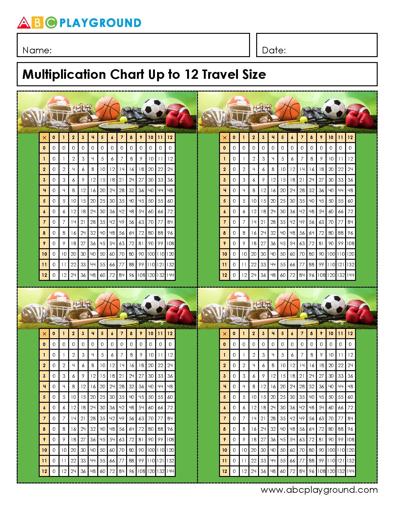 Travel Size Multiplication Chart Up to 12