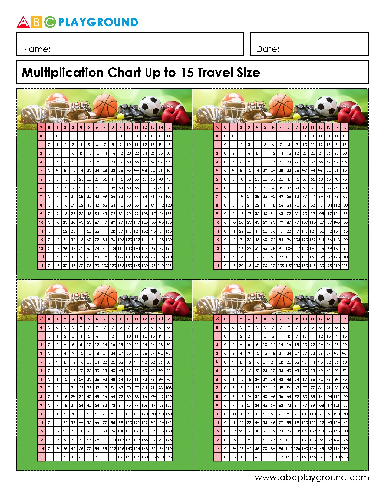 Multiplication Chart Up to 15 Travel Size