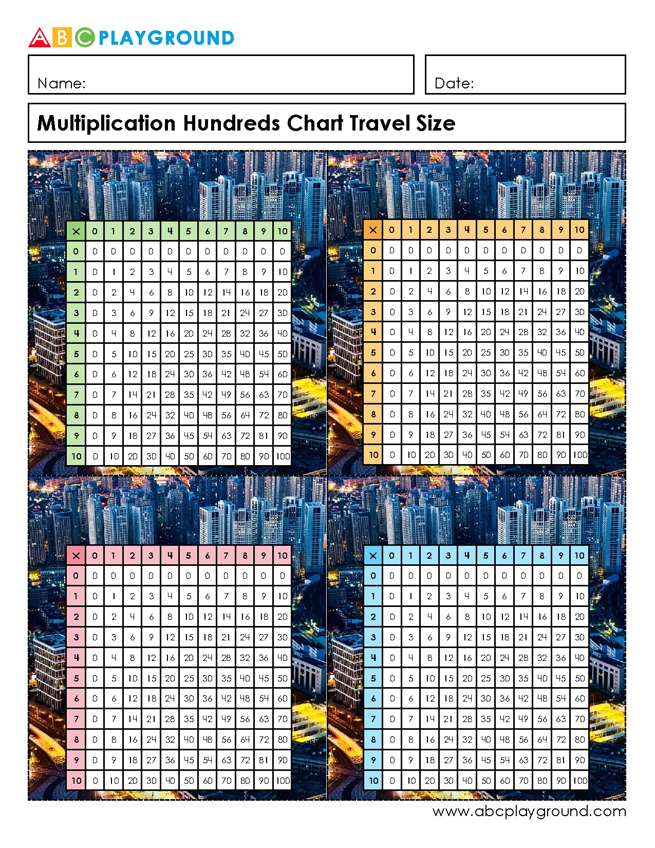 Multiplication Hundreds Chart Travel Size Printable