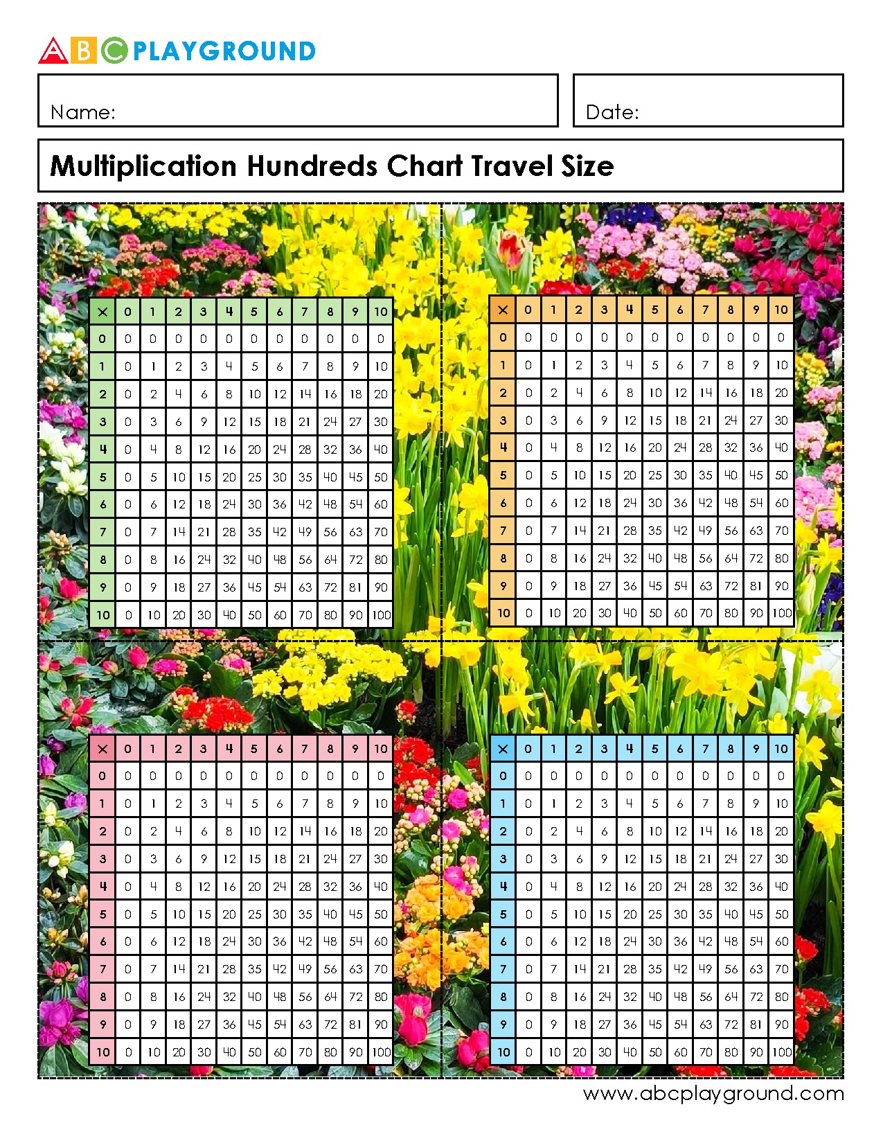 Multiplication Hundreds Chart Travel Size Printable