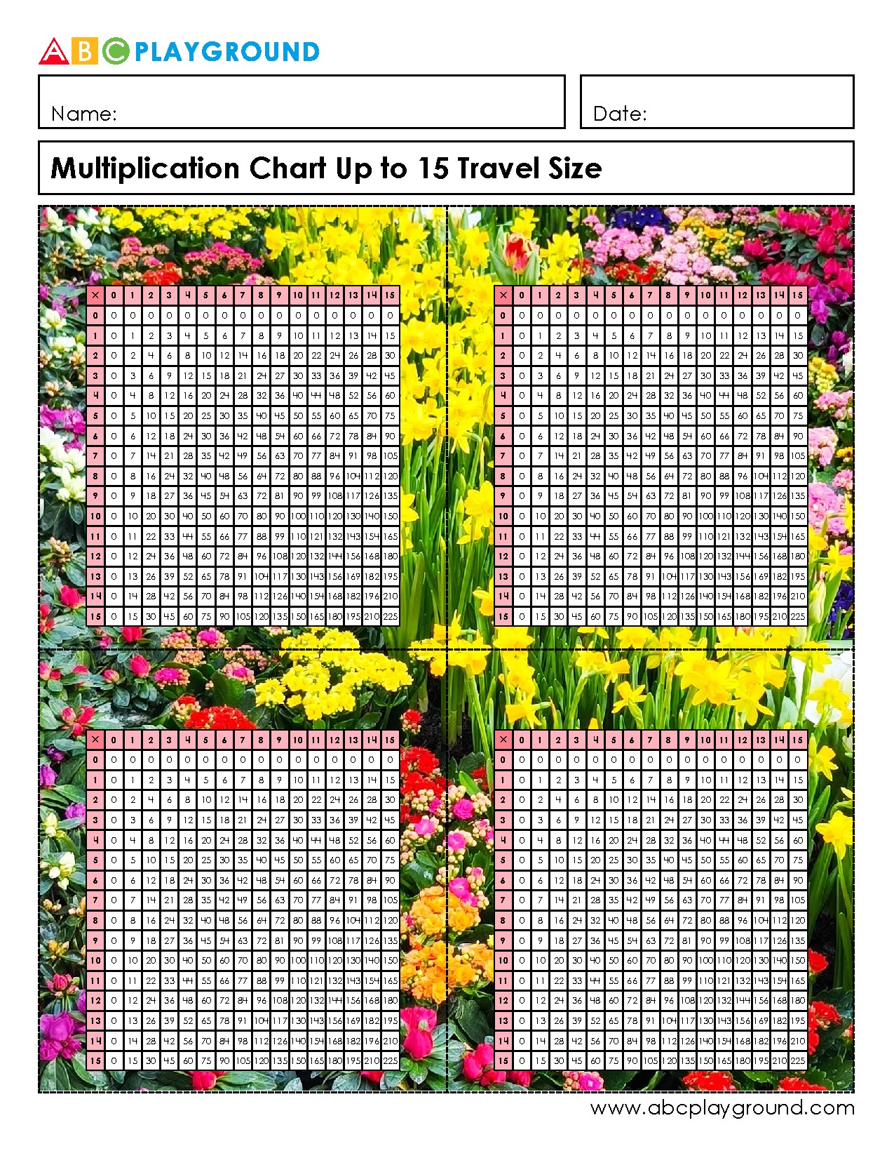 Multiplication Chart Up to 15 Travel Size for Easy Reference