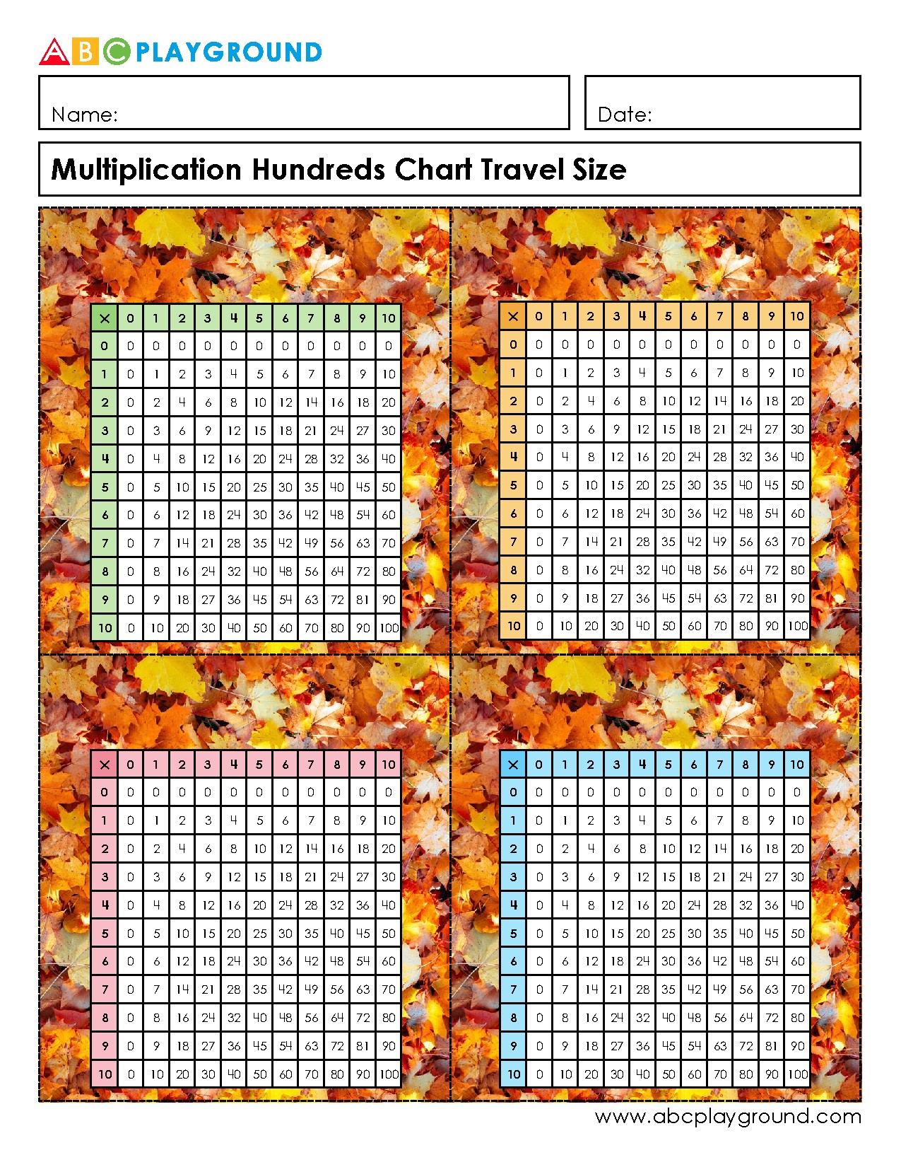 Multiplication Hundreds Chart Travel Size Printable
