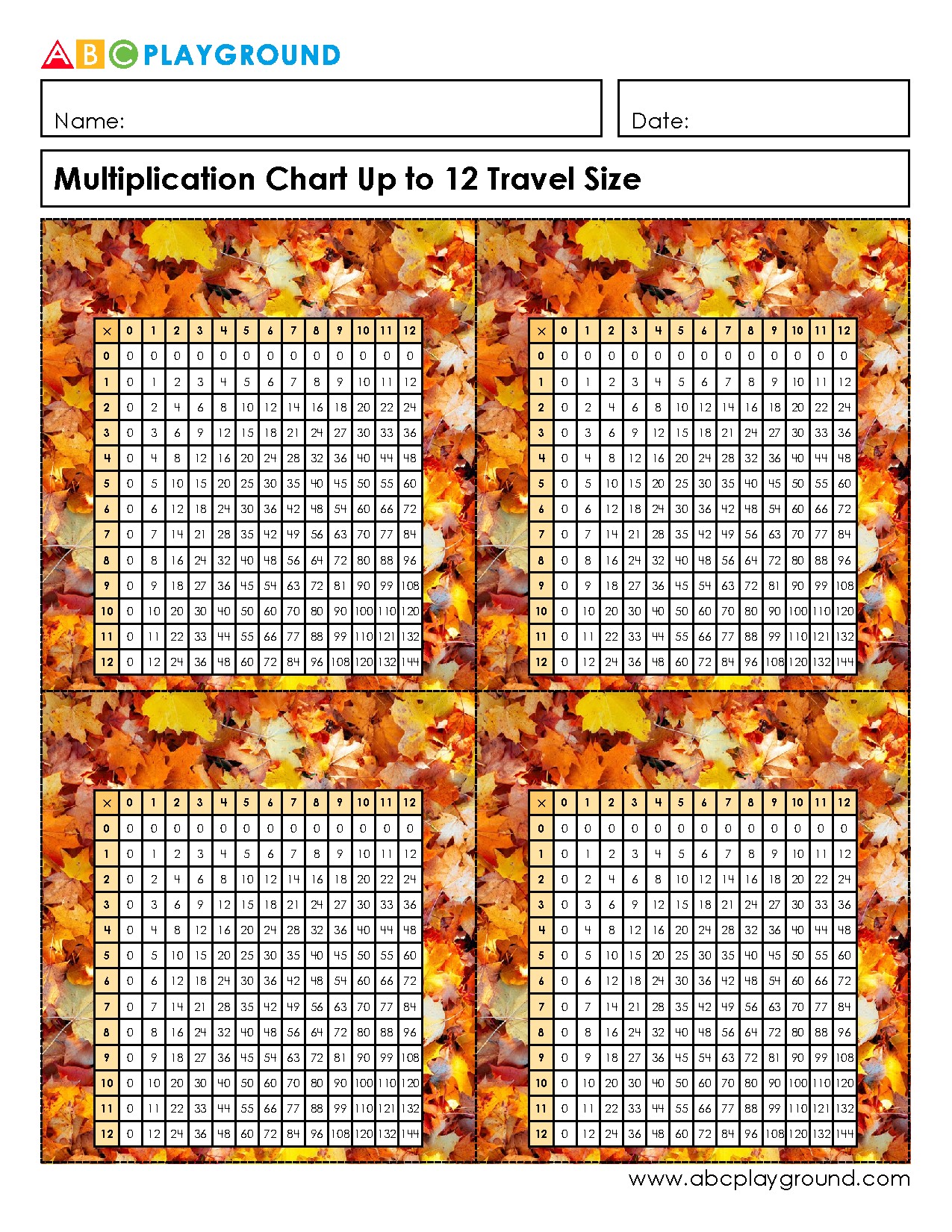 Multiplication Chart Up to 12 for Quick Reference