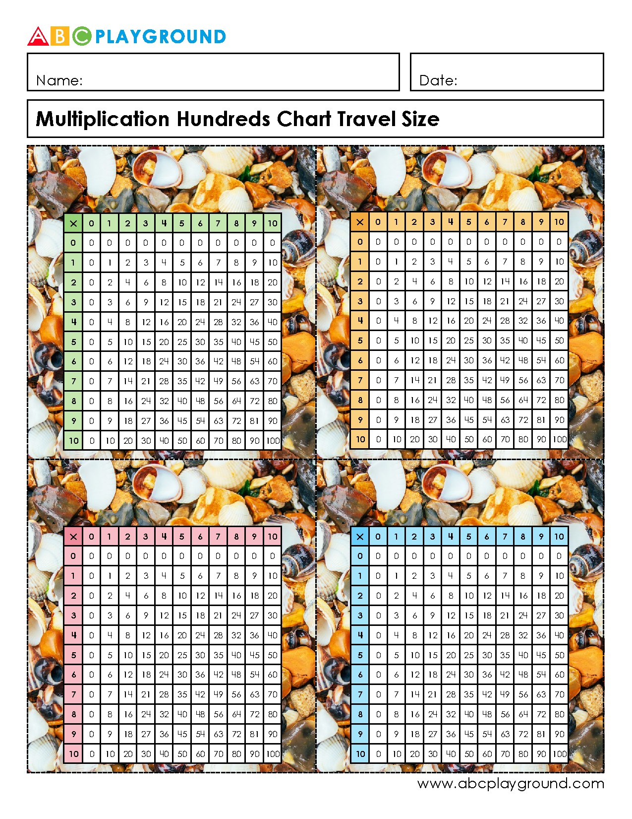 Multiplication Hundreds Chart Travel Size Printable
