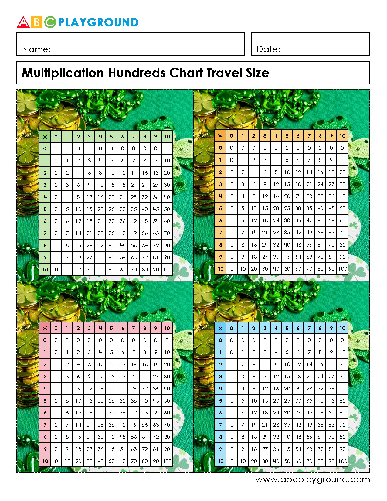 Printable Multiplication Hundreds Chart Travel Size