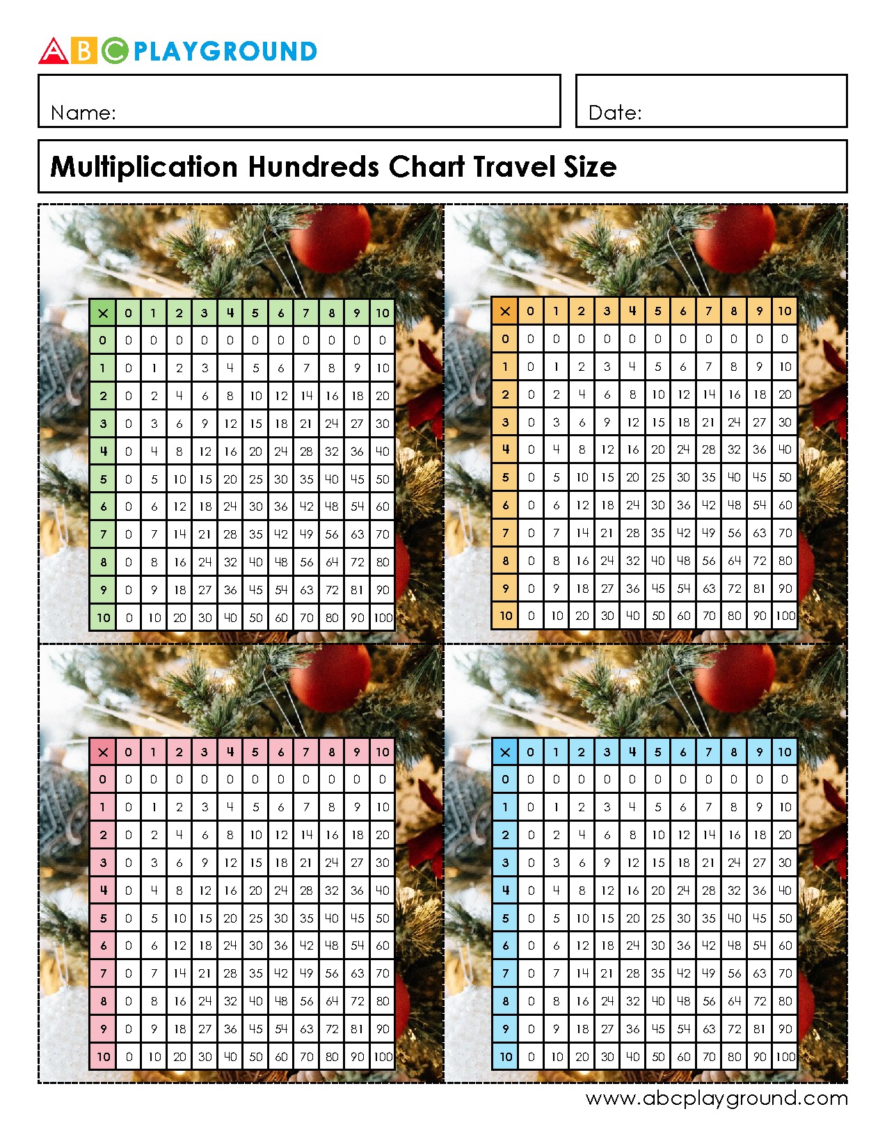 Multiplication Hundreds Chart Travel Size for Quick Reference