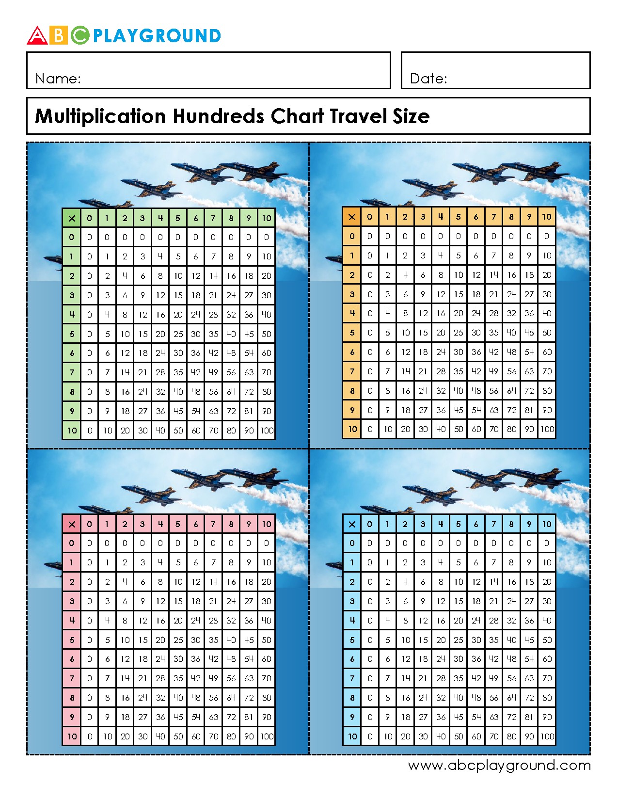 Multiplication Hundreds Chart Travel Size Printable