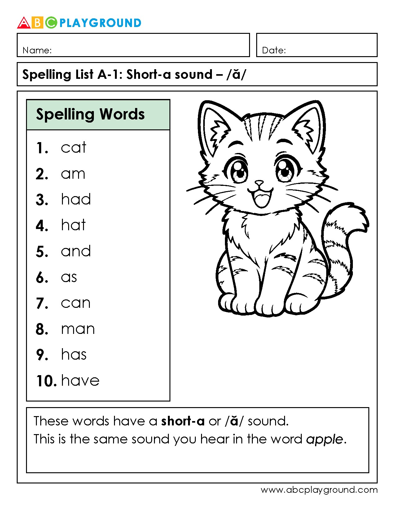 Short-a Sound Spelling List with Fun Cat Illustration