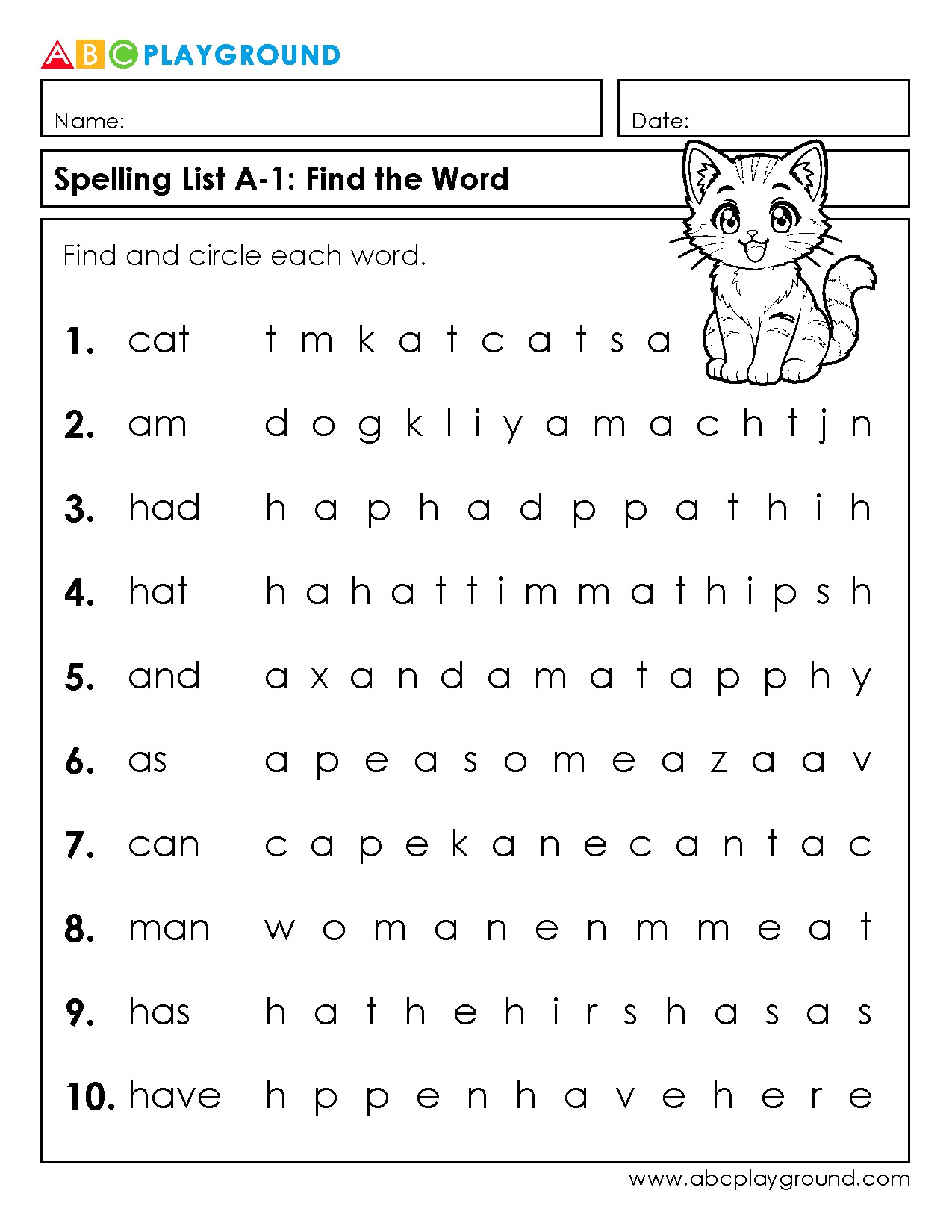 Spelling Word Search Puzzle with Common Sight Words
