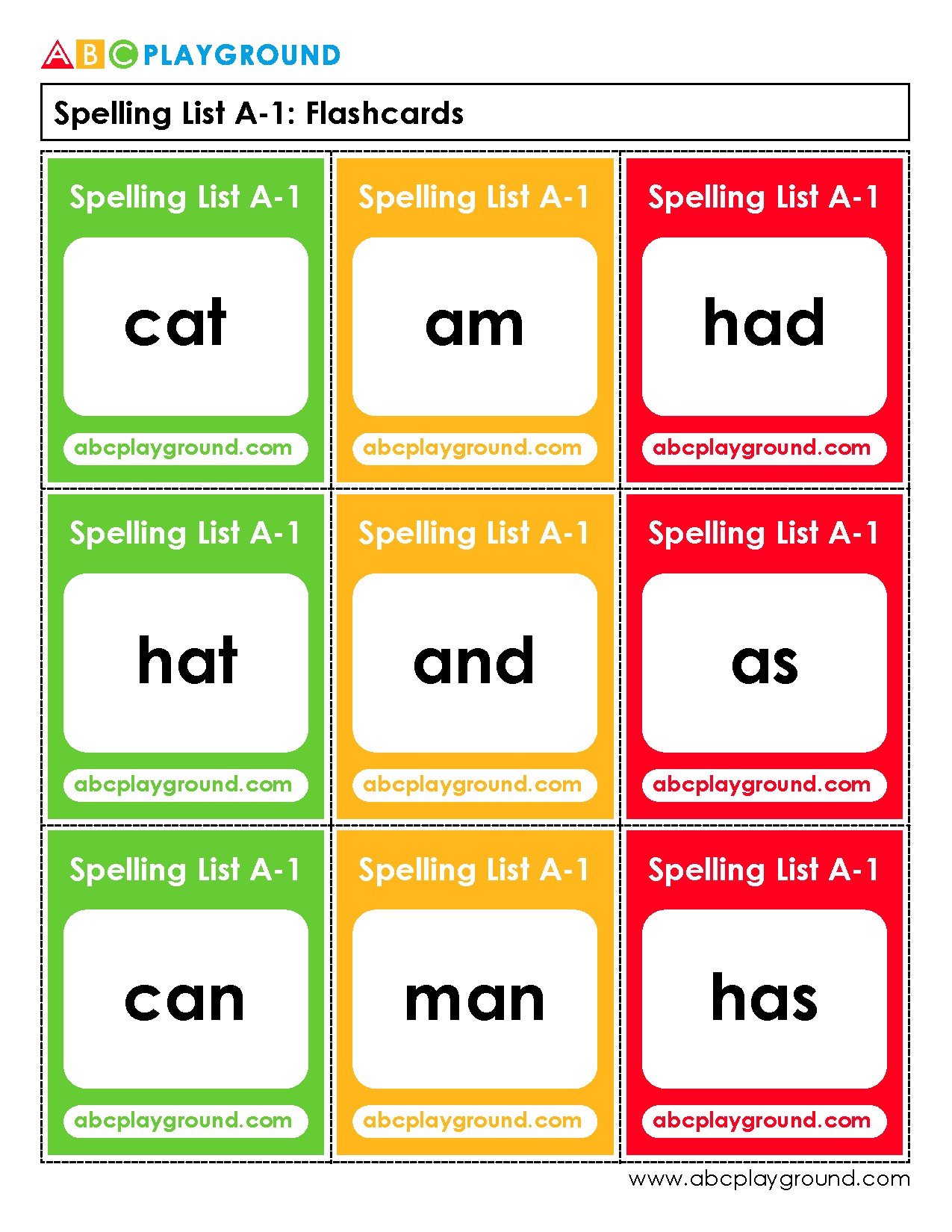 Spelling List A-1 Flashcards for Early Readers