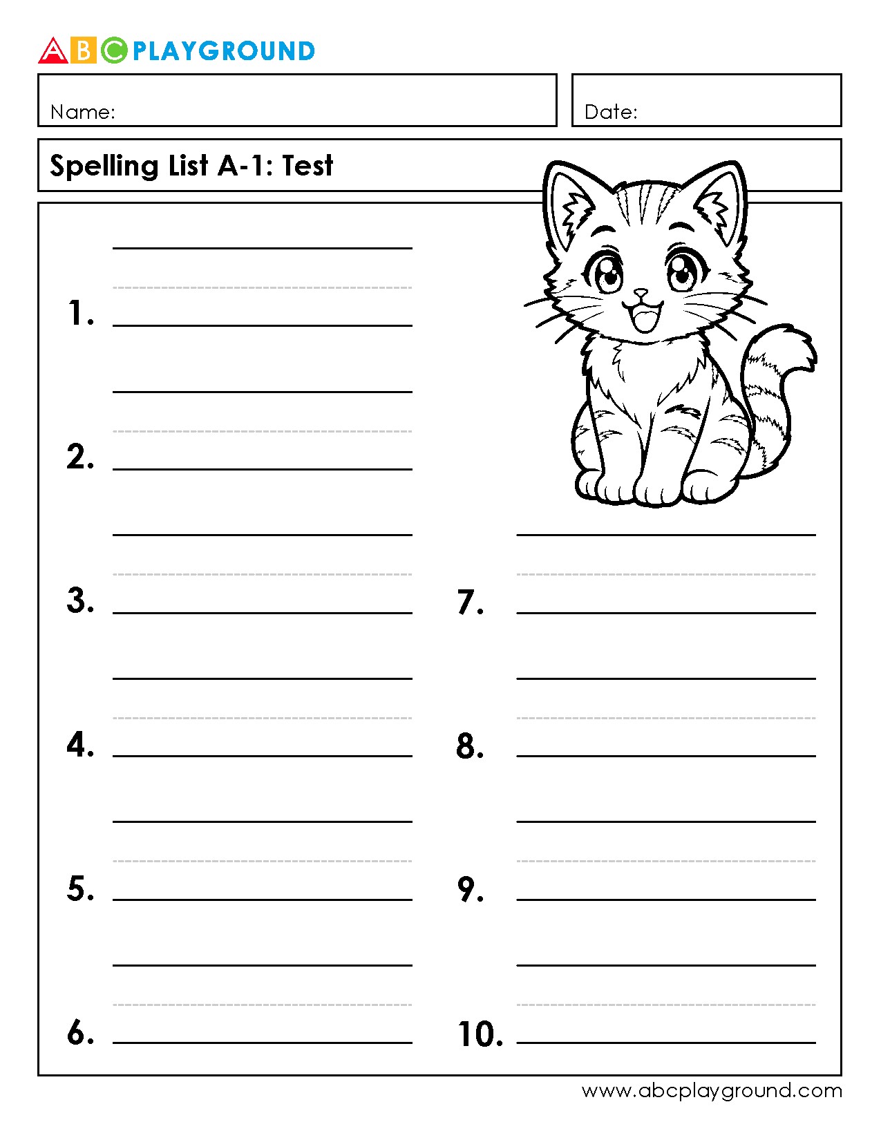 Printable Spelling Test Worksheet with Cute Cat Illustration