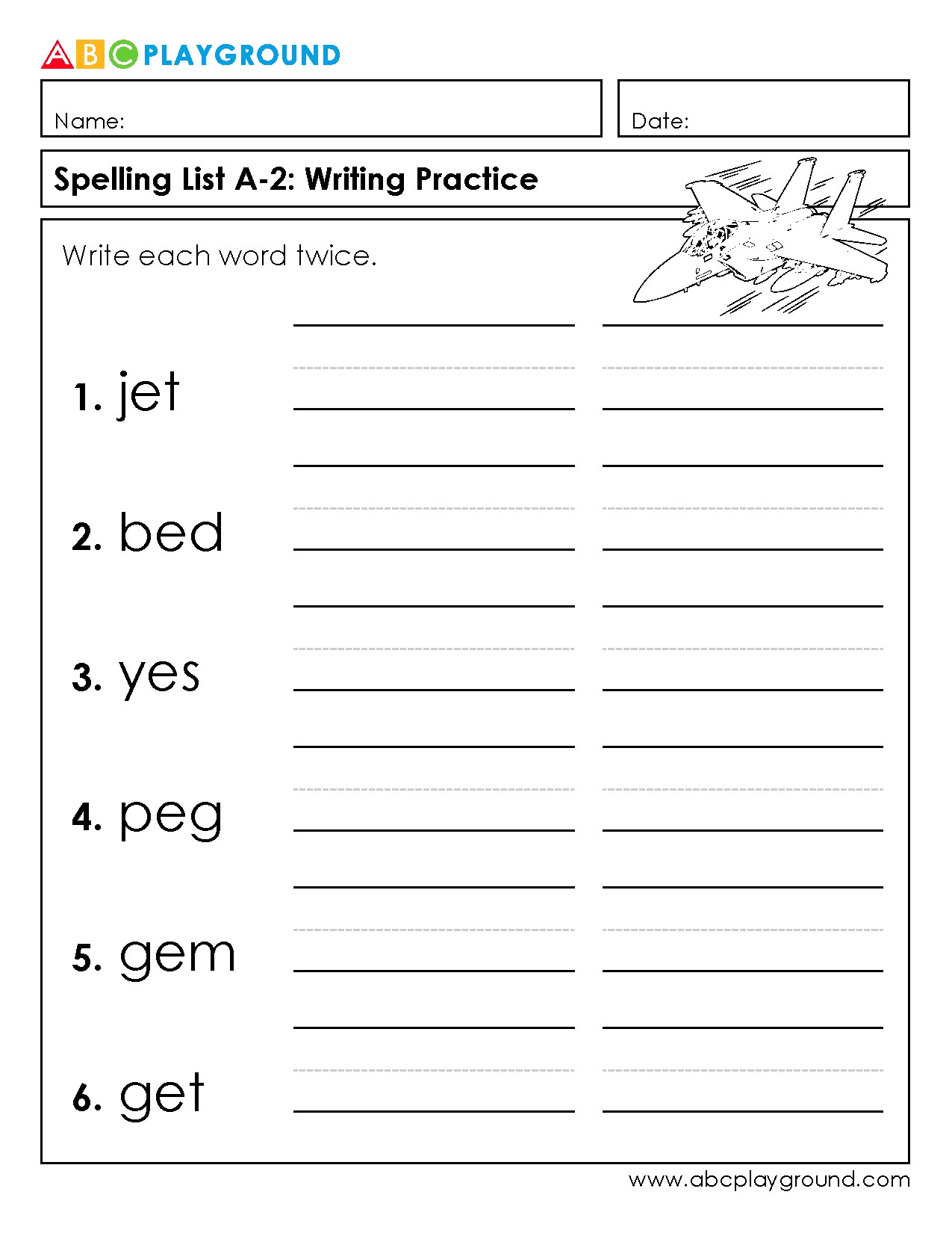 Spelling List A-2 Writing Practice Worksheet