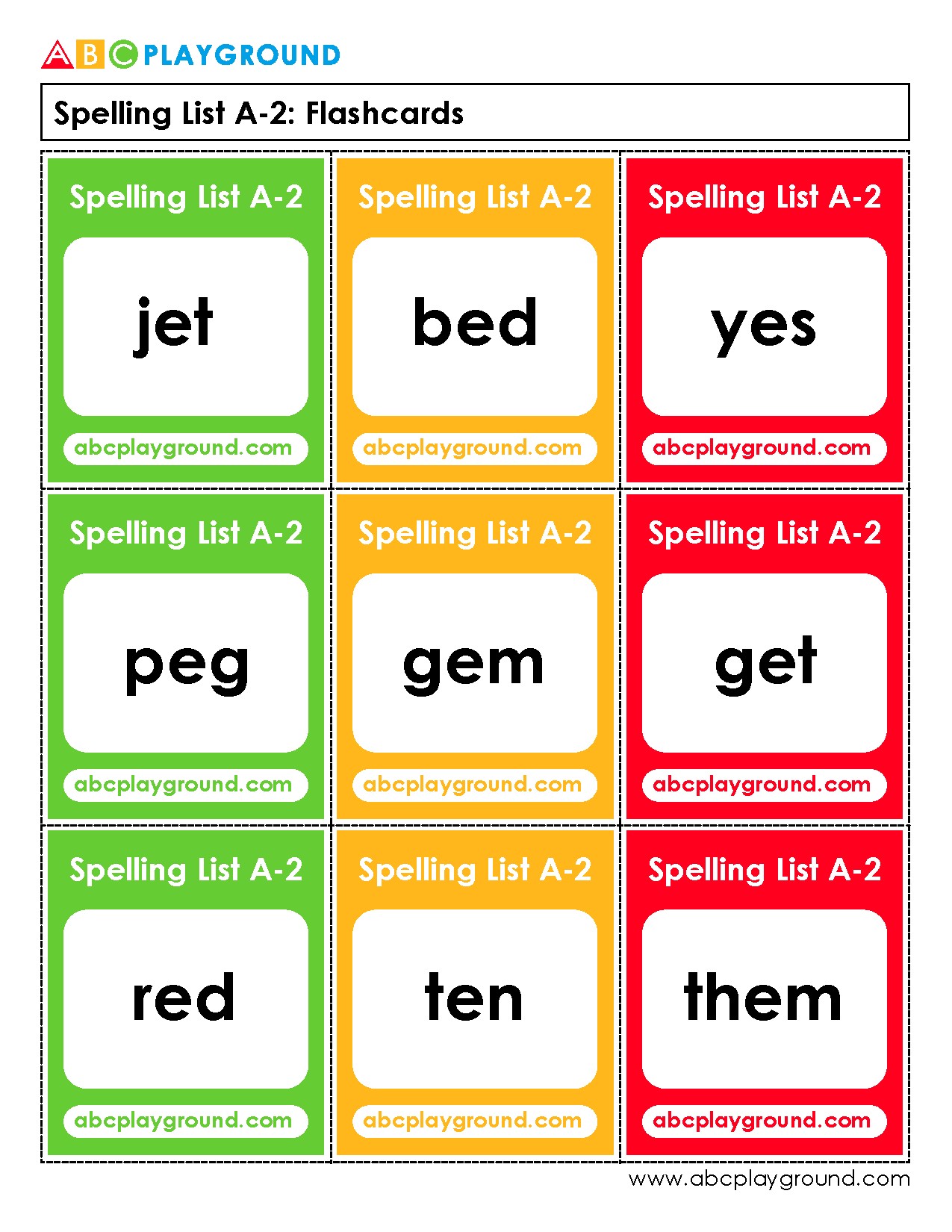Spelling List A-2 Flashcards for Early Literacy Practice
