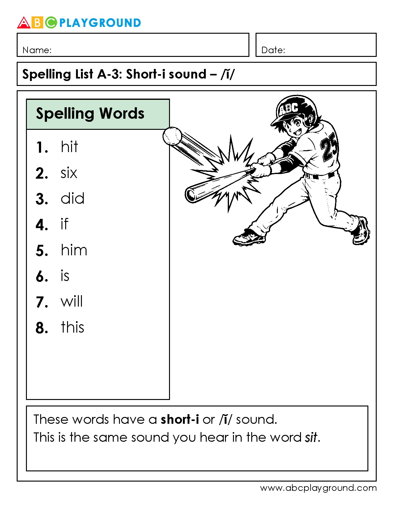 Short-i Sound Spelling List for Early Readers
