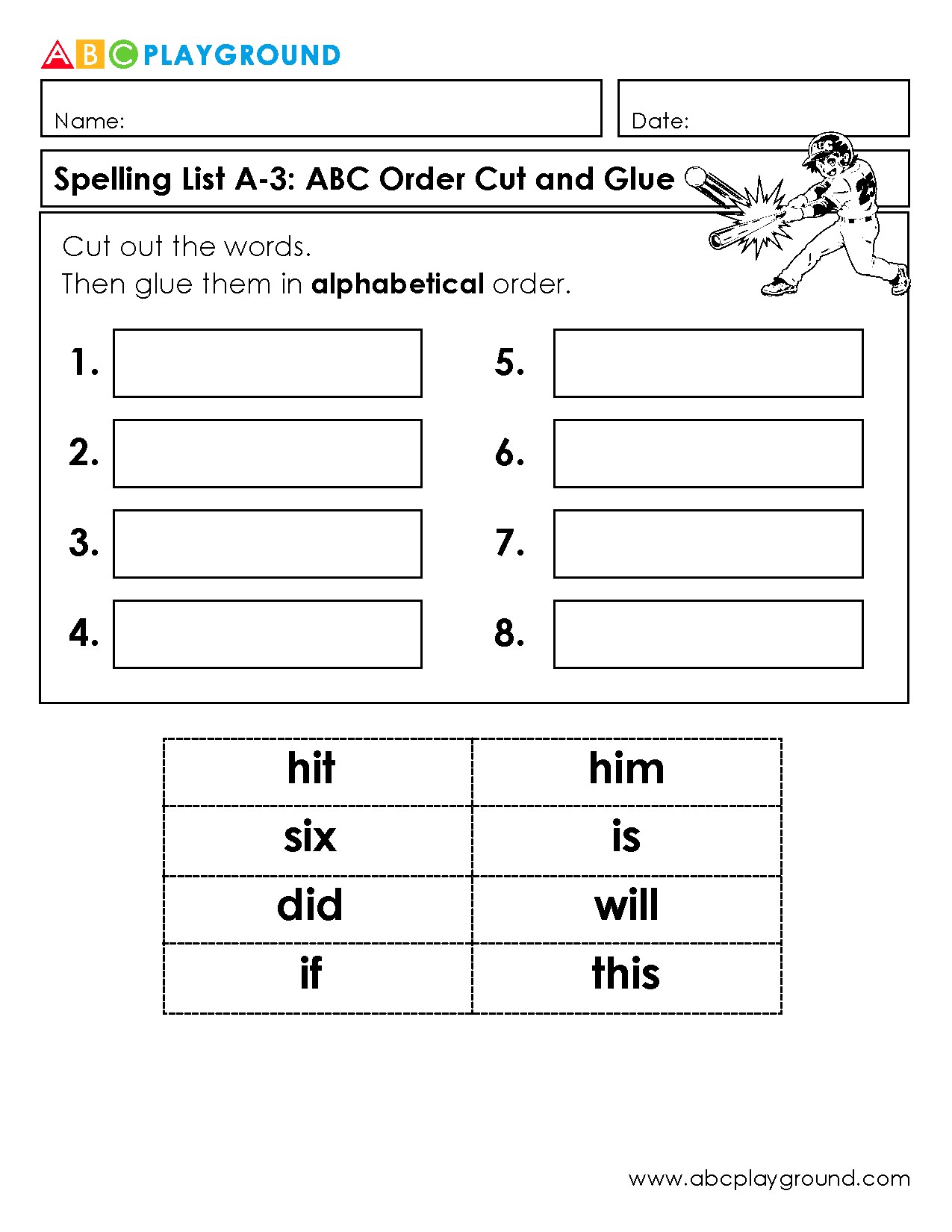Cut and Glue Words in Alphabetical Order Worksheet