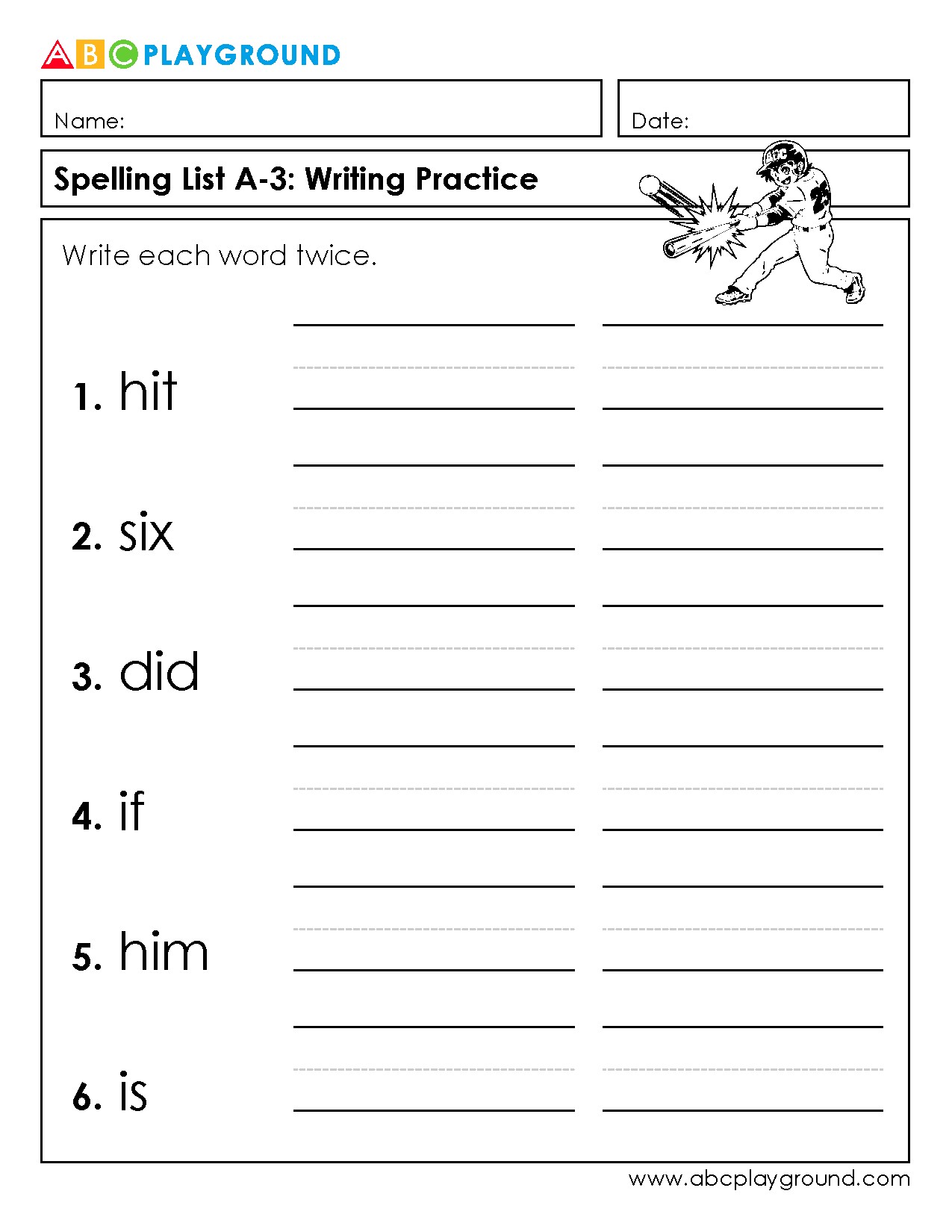 Spelling List A-3 Writing Practice Worksheet