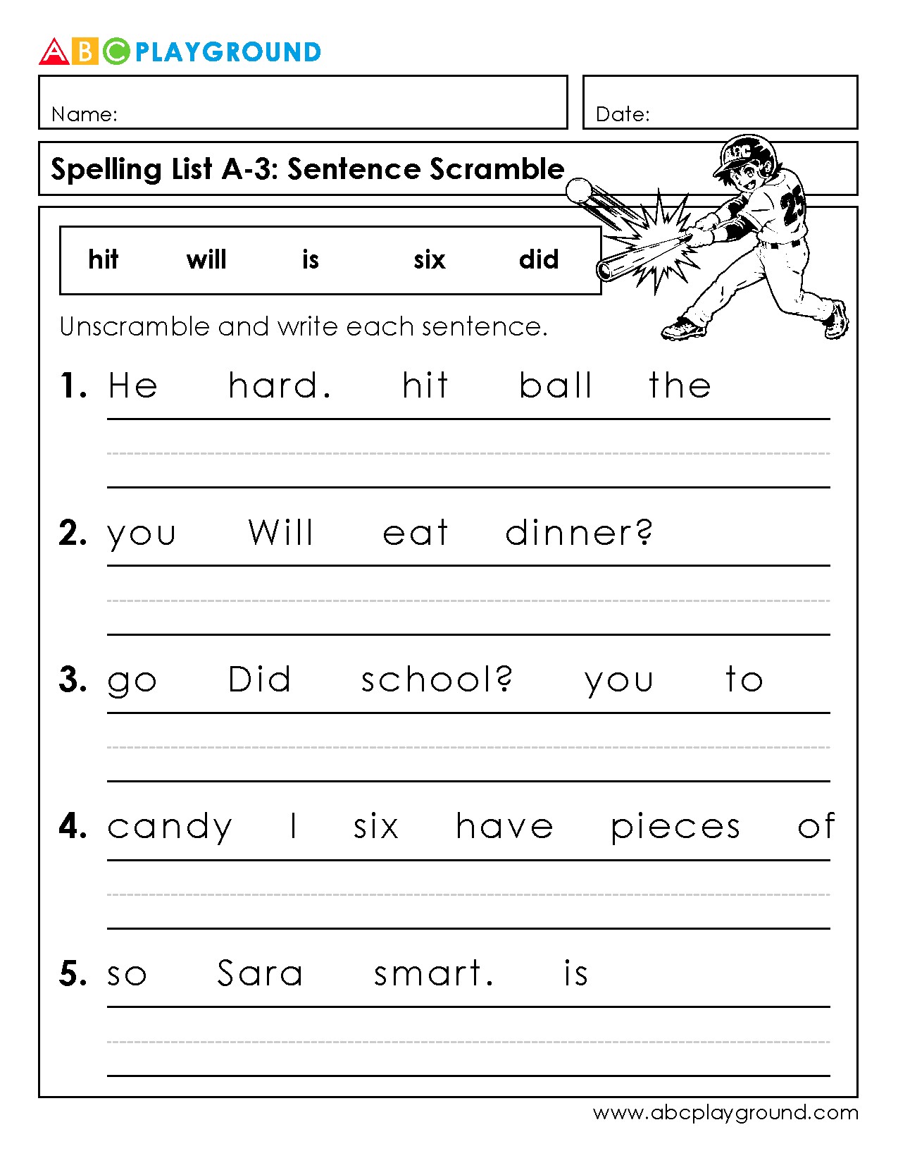 Sentence Scramble Worksheet for Spelling Practice