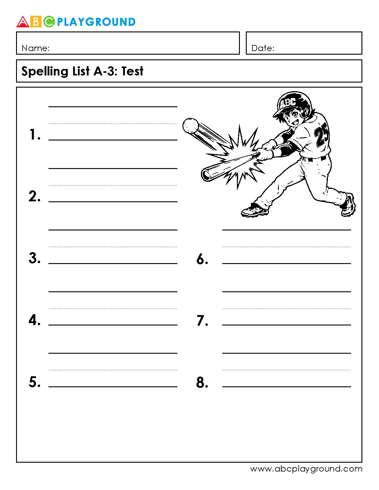Printable Spelling Test Worksheet with Baseball Theme