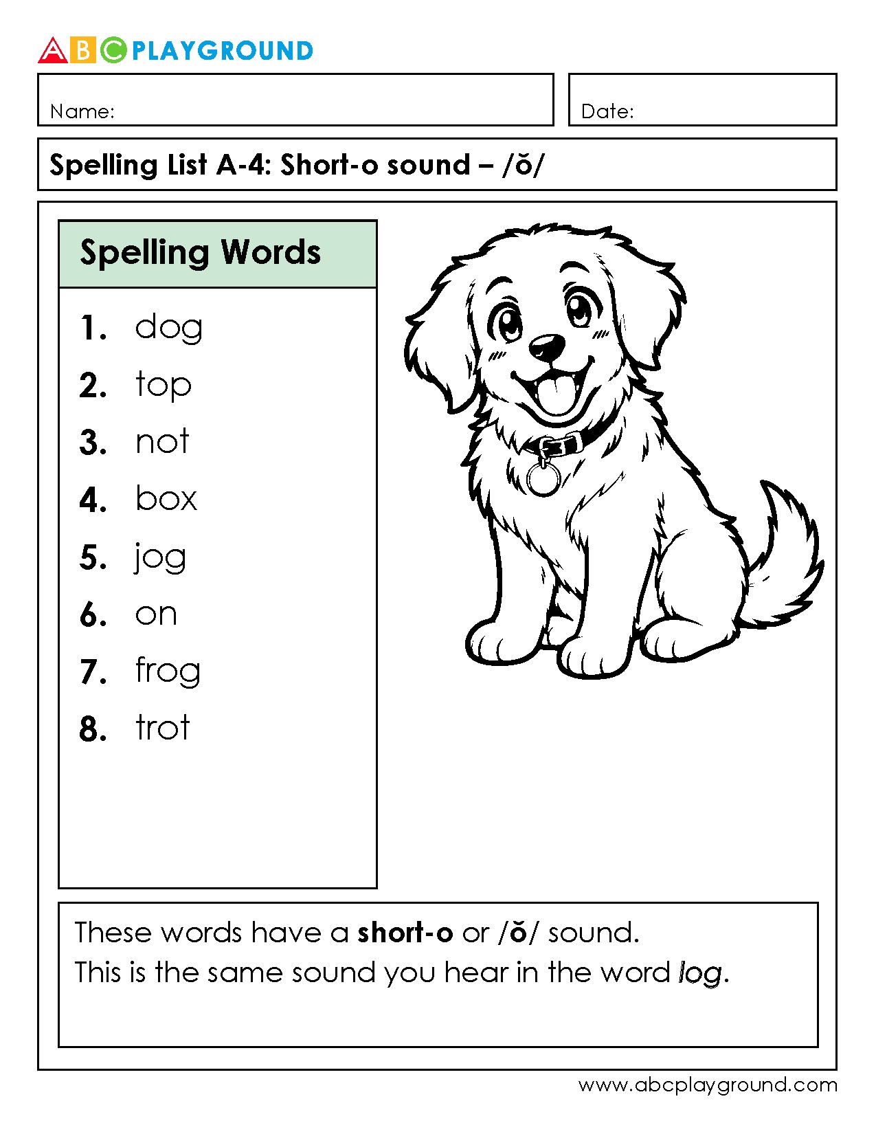 Short-O Sound Spelling List with Fun Dog Illustration