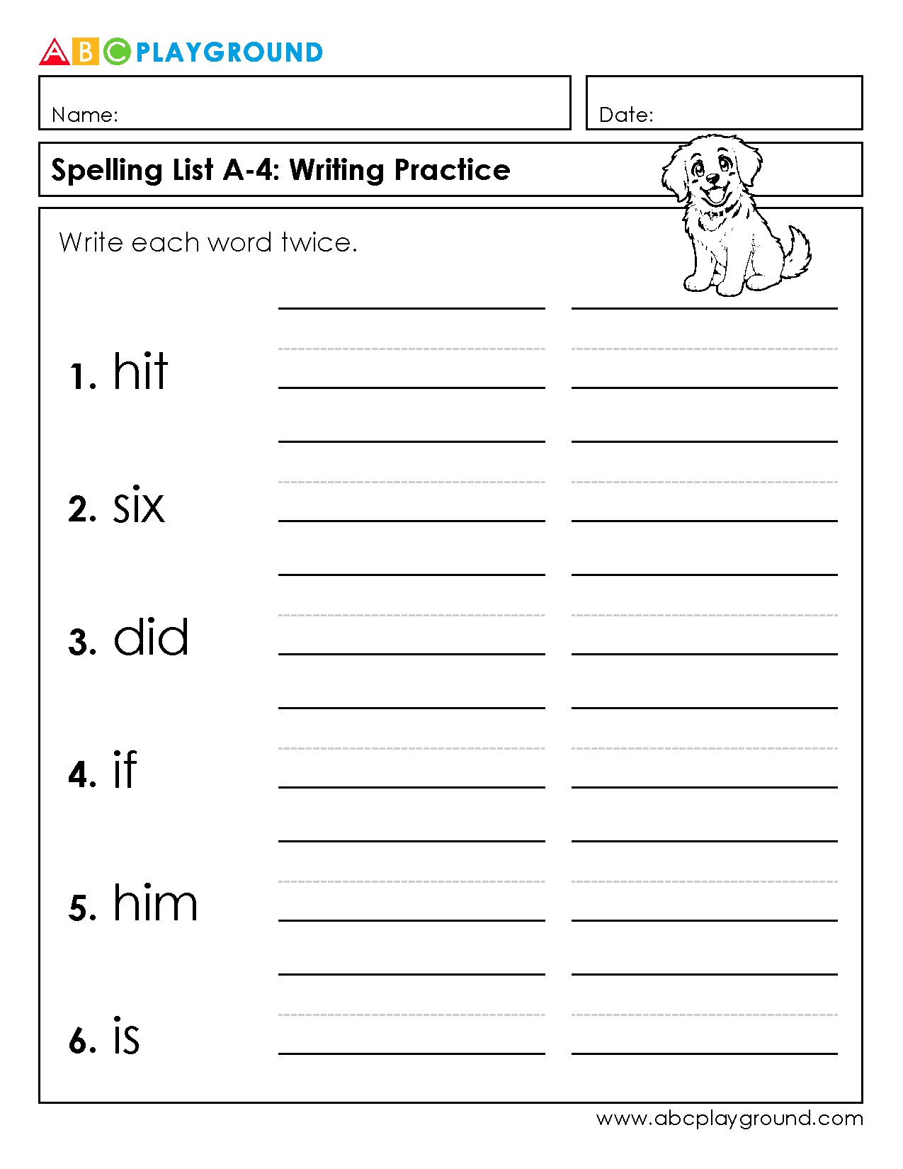 Spelling List Writing Practice Worksheet