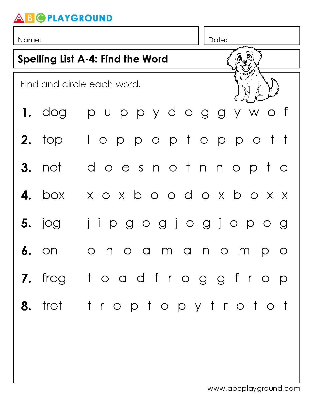 Find and Circle the Words in the Spelling List