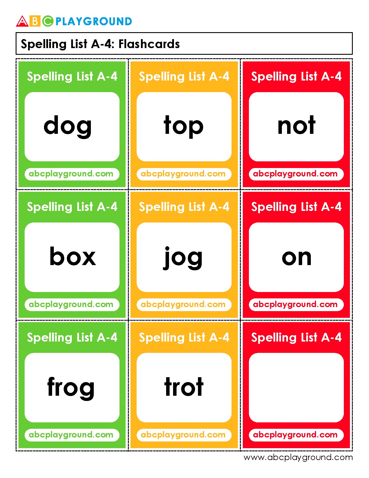 Spelling List A-4 Flashcards for Early Literacy Practice