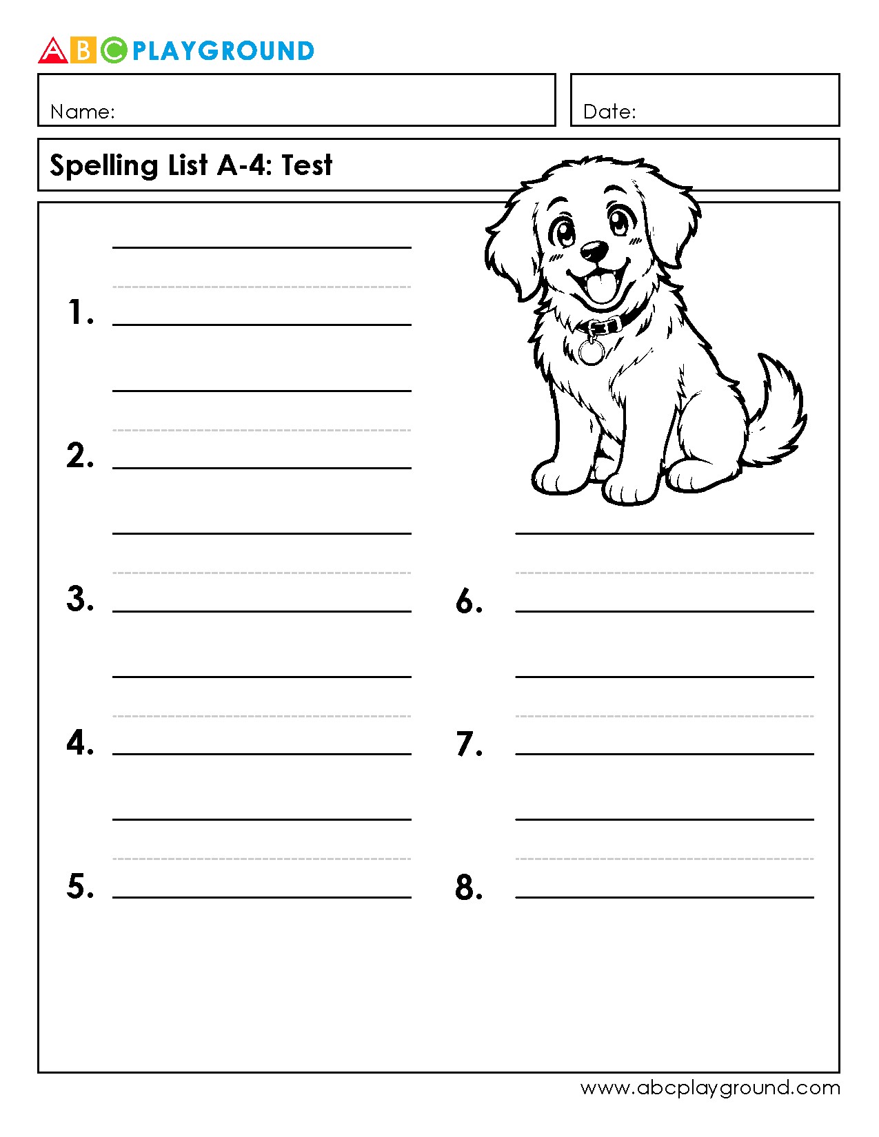 Printable Spelling Test Worksheet with Dog Illustration