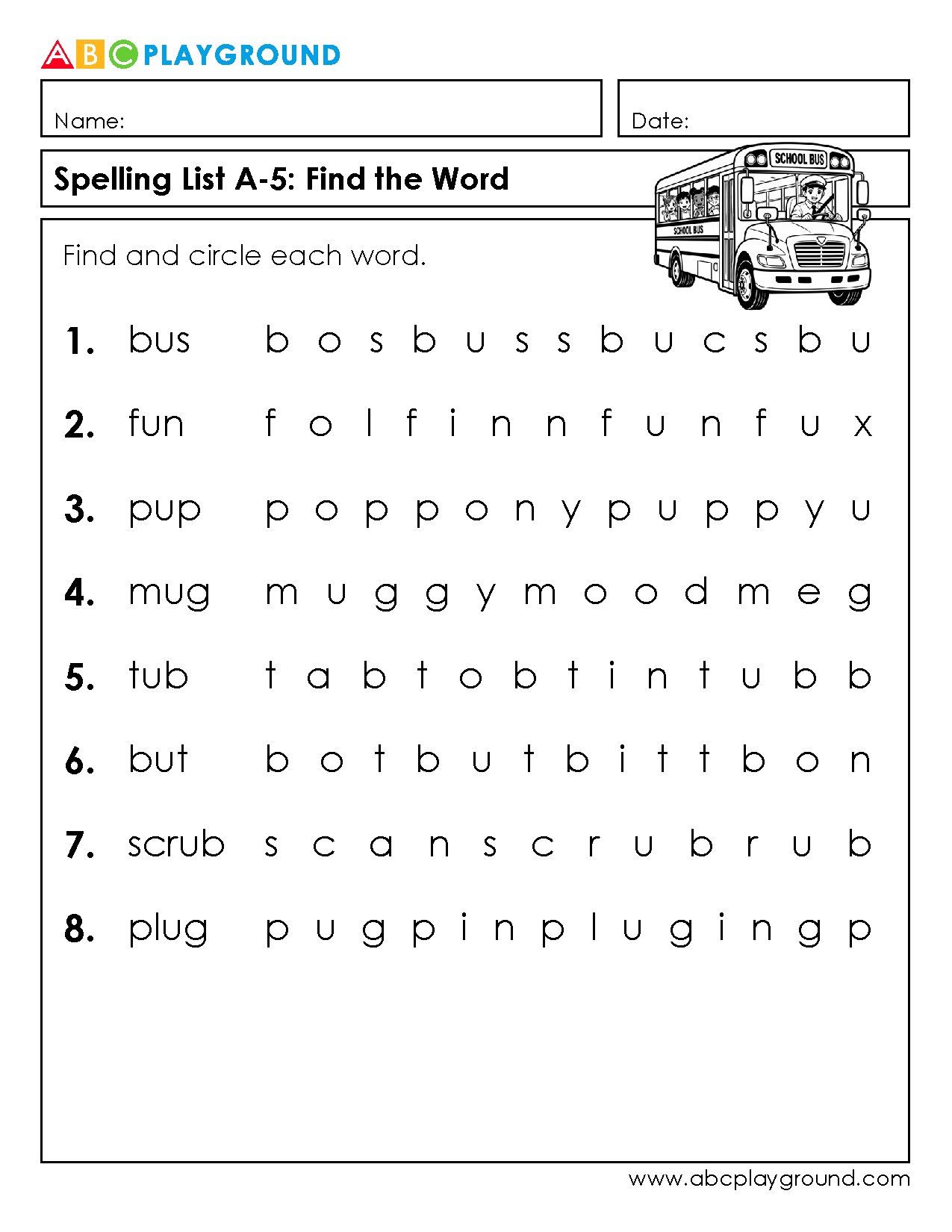 Find and Circle Words Spelling Practice Worksheet