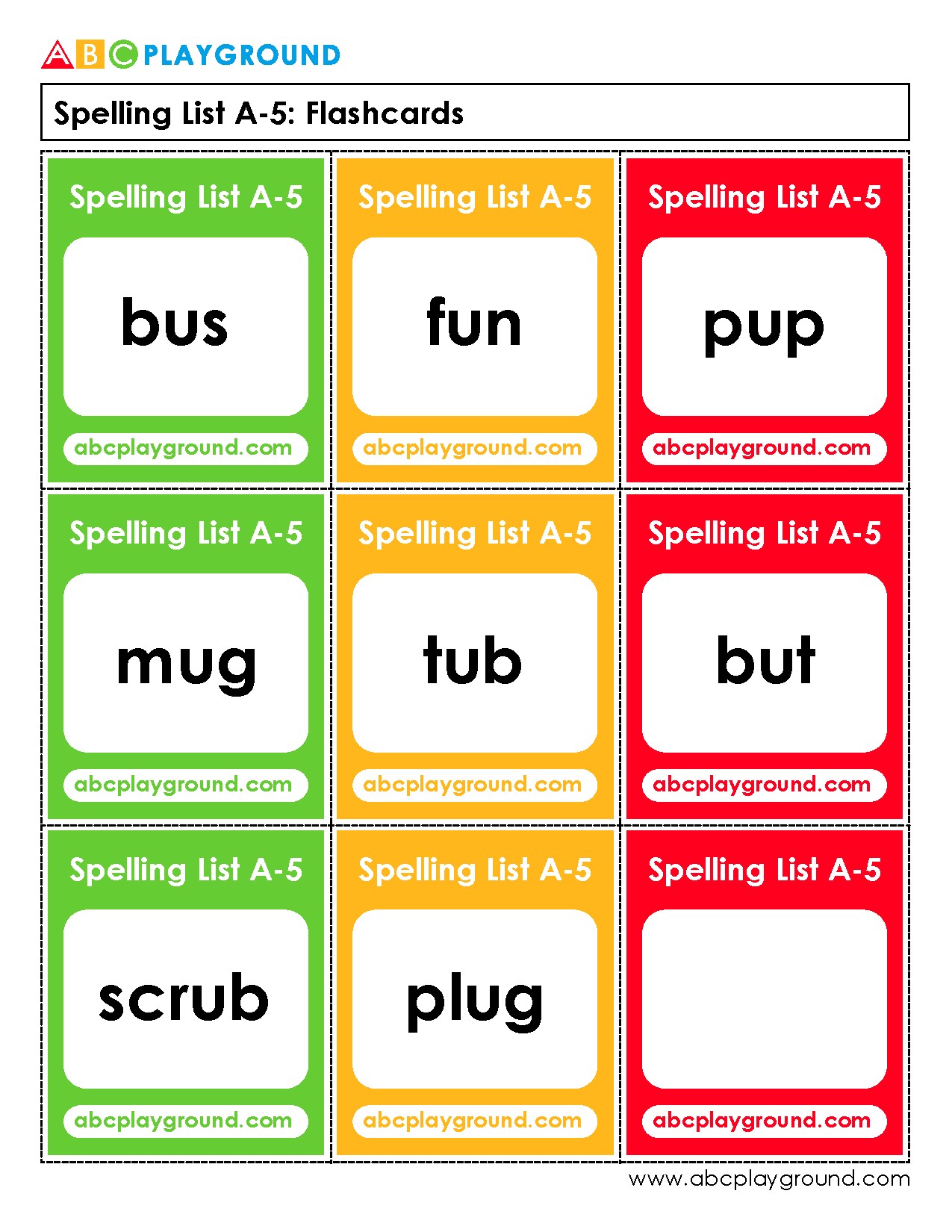 Spelling List A-5 Flashcards for Early Literacy Practice
