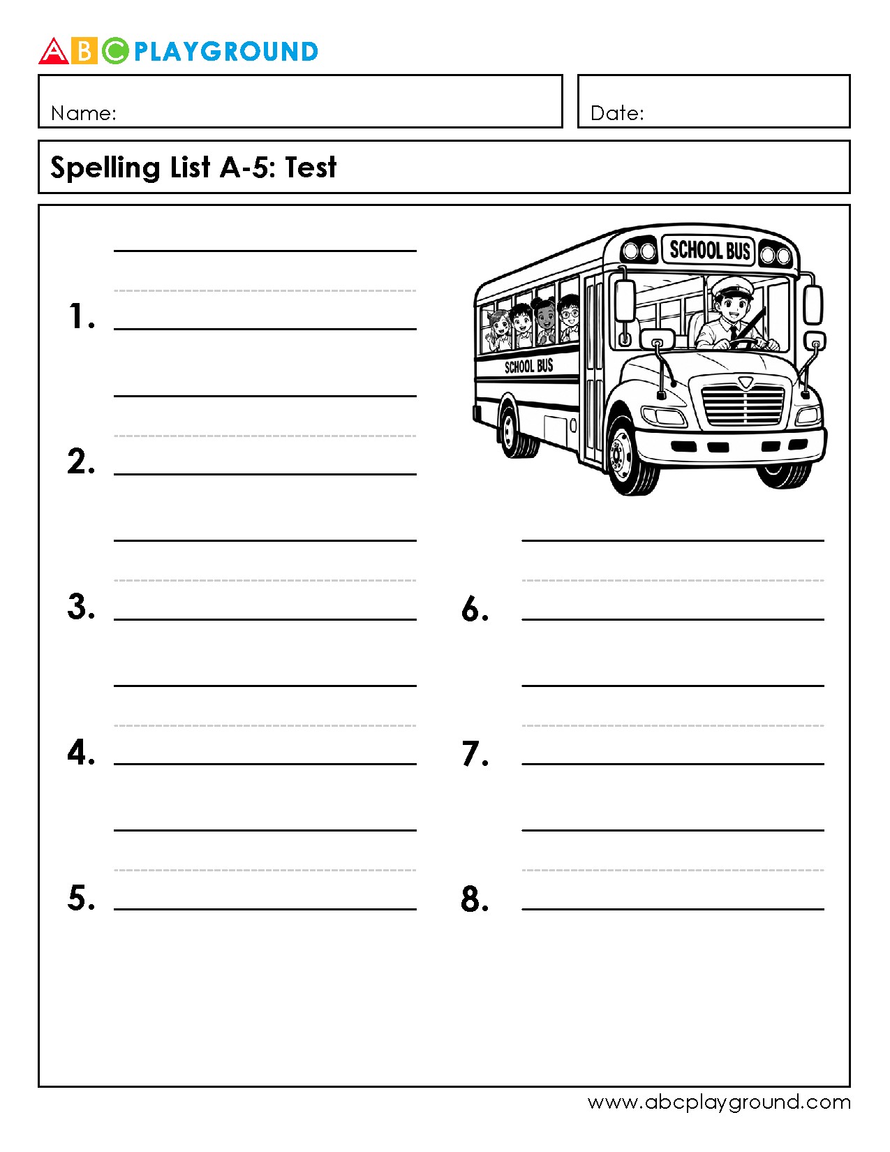 Printable Spelling Test Worksheet with School Bus Illustration