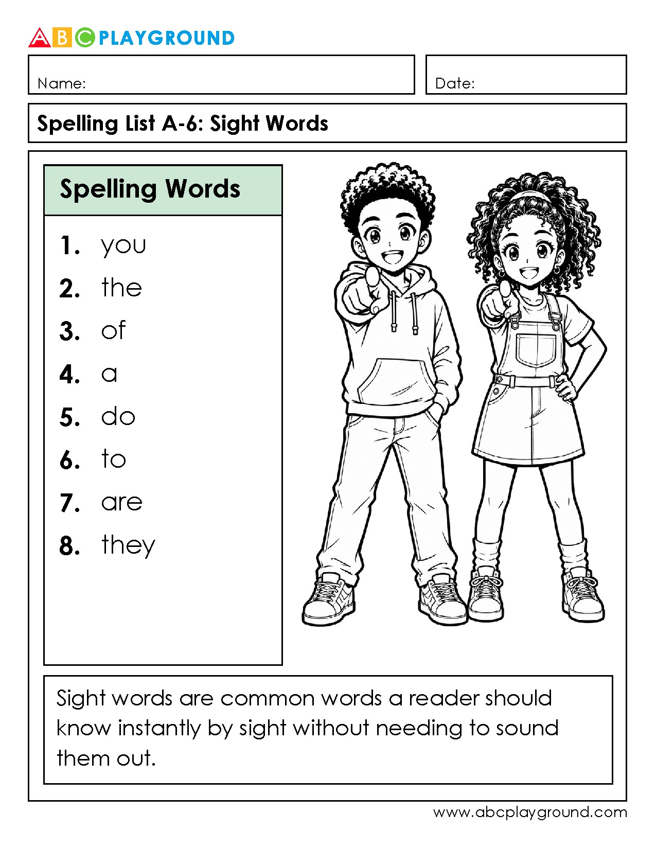 Spelling List of Common Sight Words for Early Readers