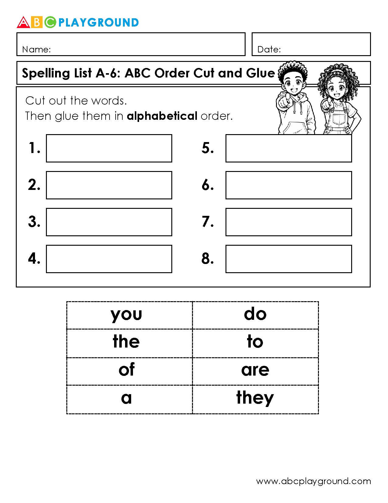 Alphabetical Order Cut and Glue Spelling Activity