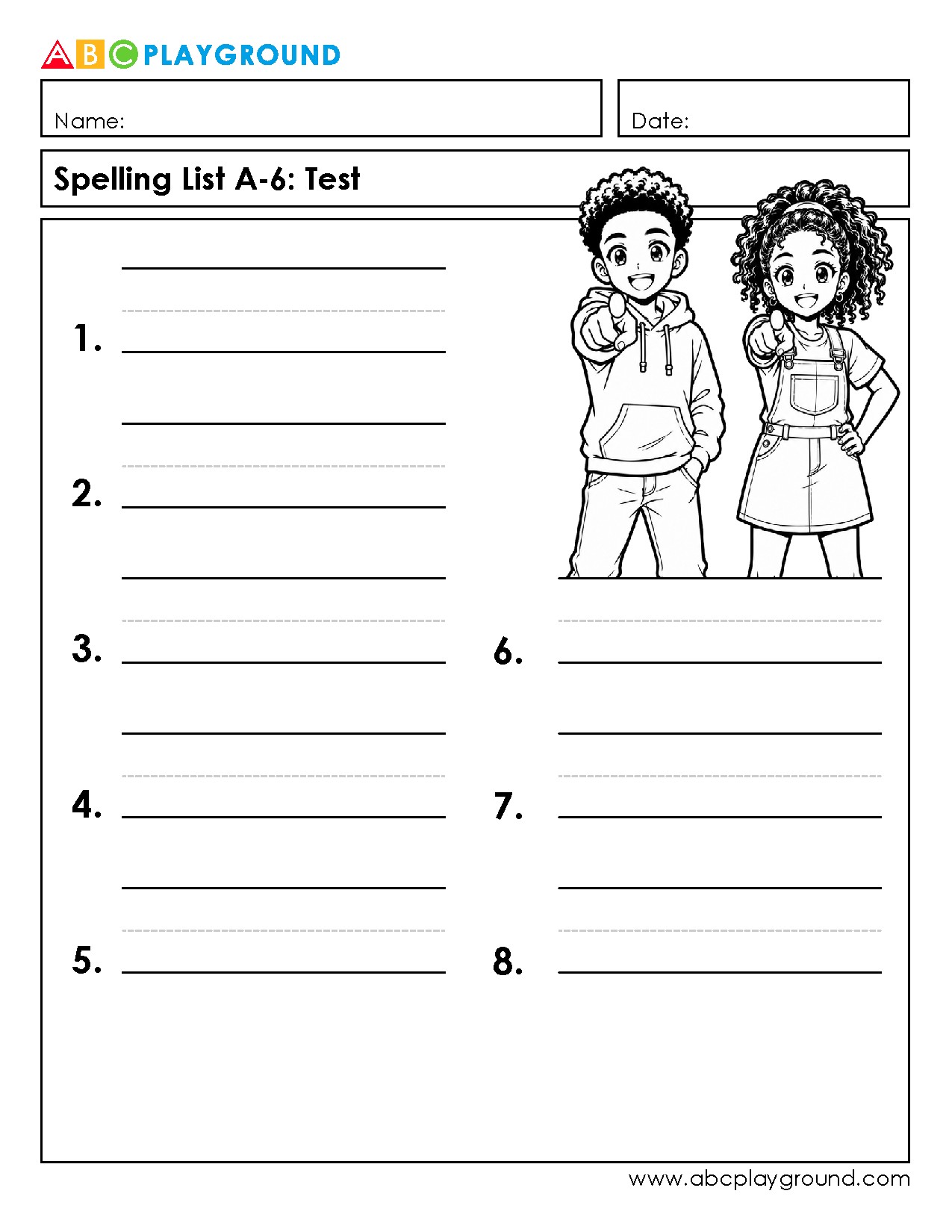 Spelling Test Worksheet with 8 Word Practice Spaces