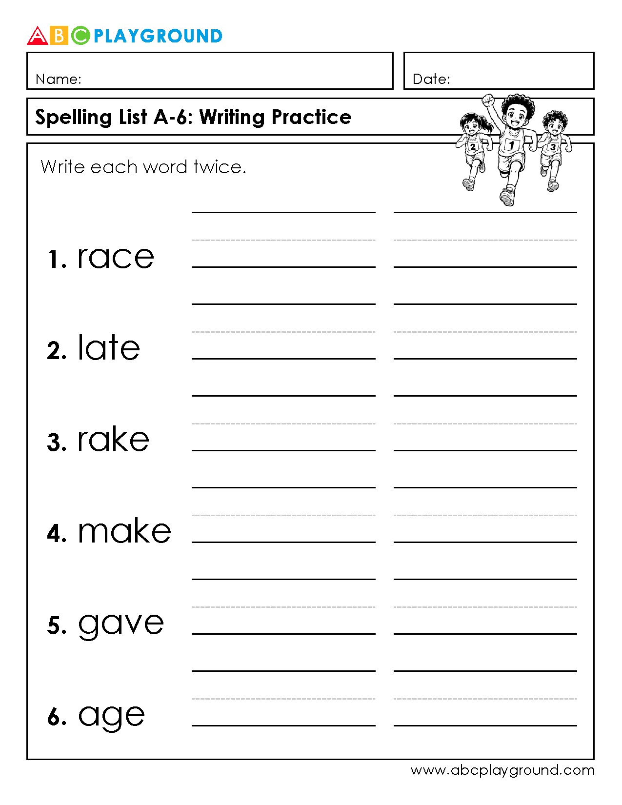 Spelling List Writing Practice Worksheet