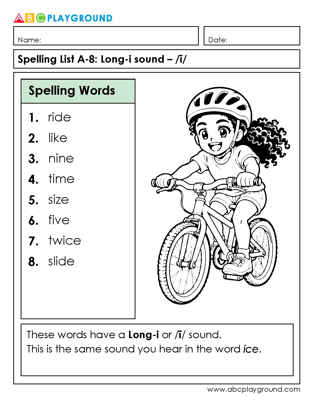 Long-i Sound Spelling List with Example Words