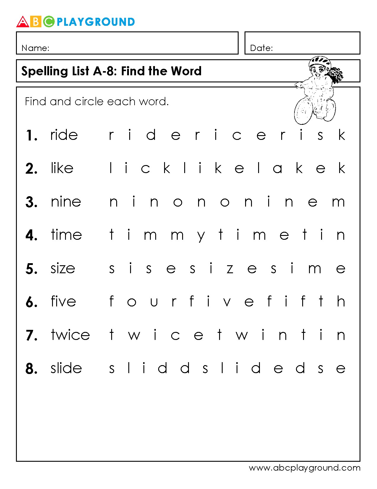 Find and Circle Spelling Words Puzzle