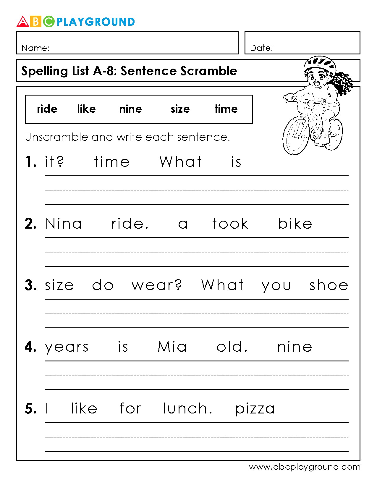 Sentence Scramble Worksheet for Spelling Practice