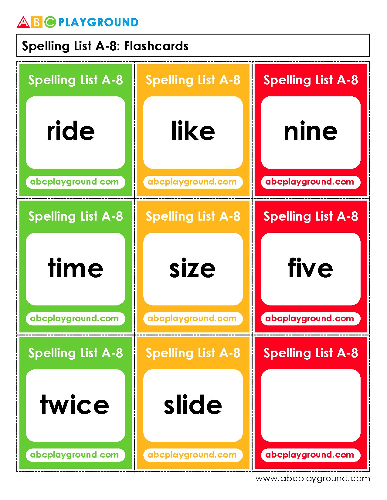 Spelling List A-8 Flashcards for Sight Word Practice