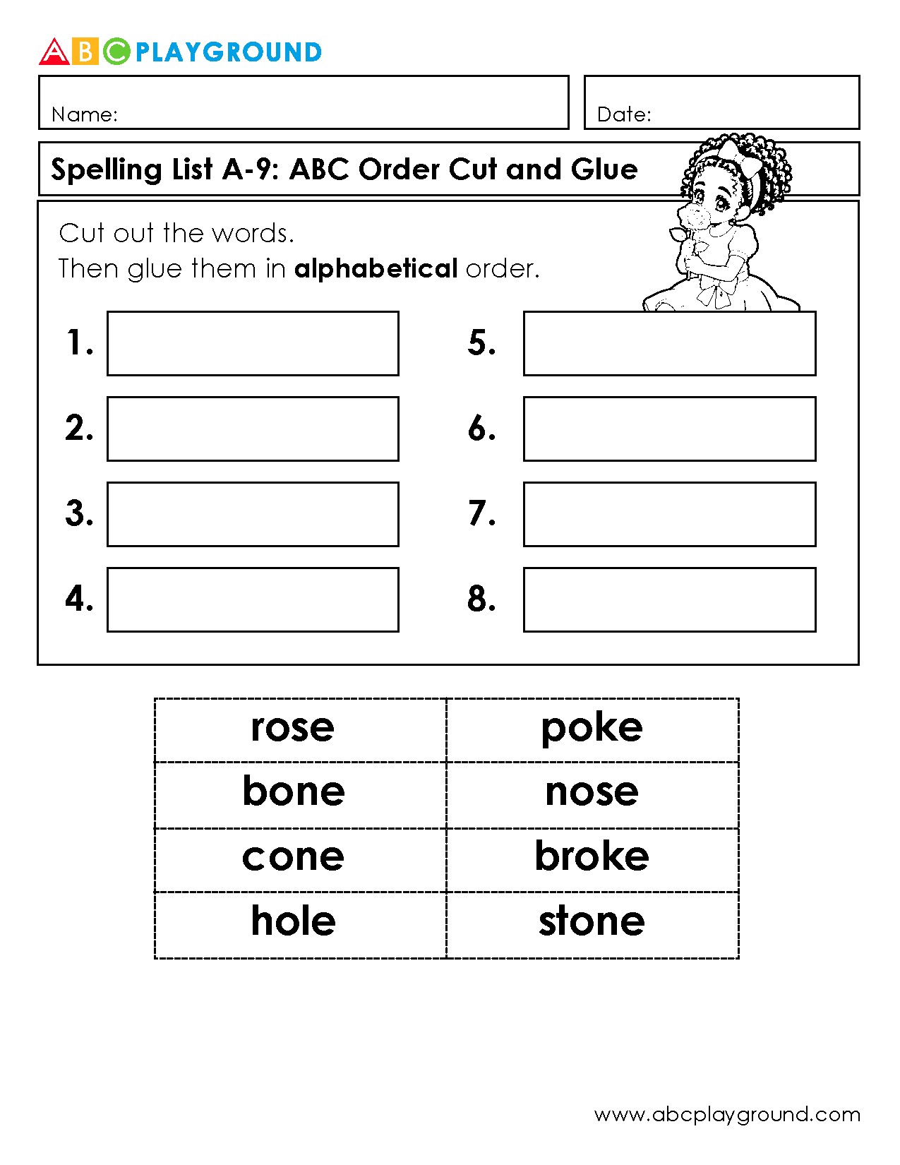 Cut and Glue Words in Alphabetical Order Worksheet