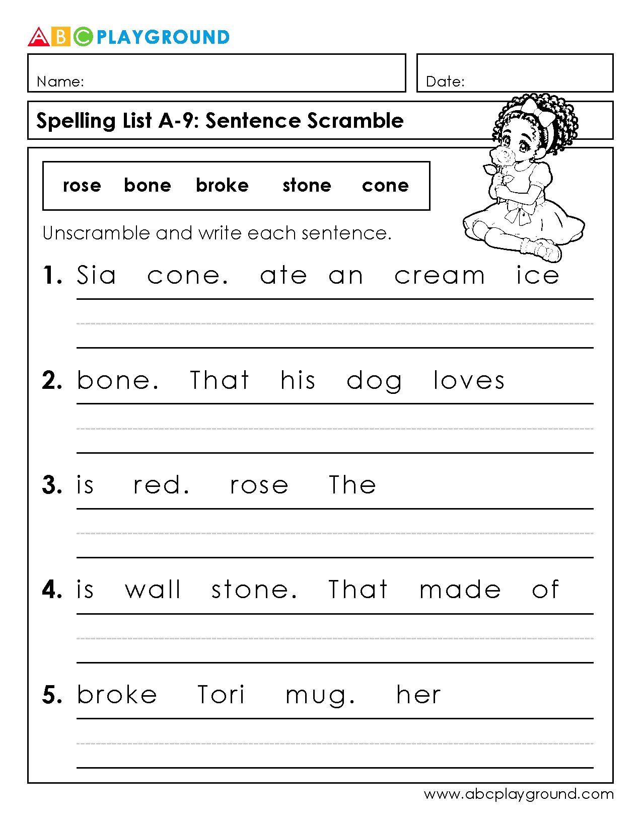 Sentence Scramble Worksheet for Spelling Practice