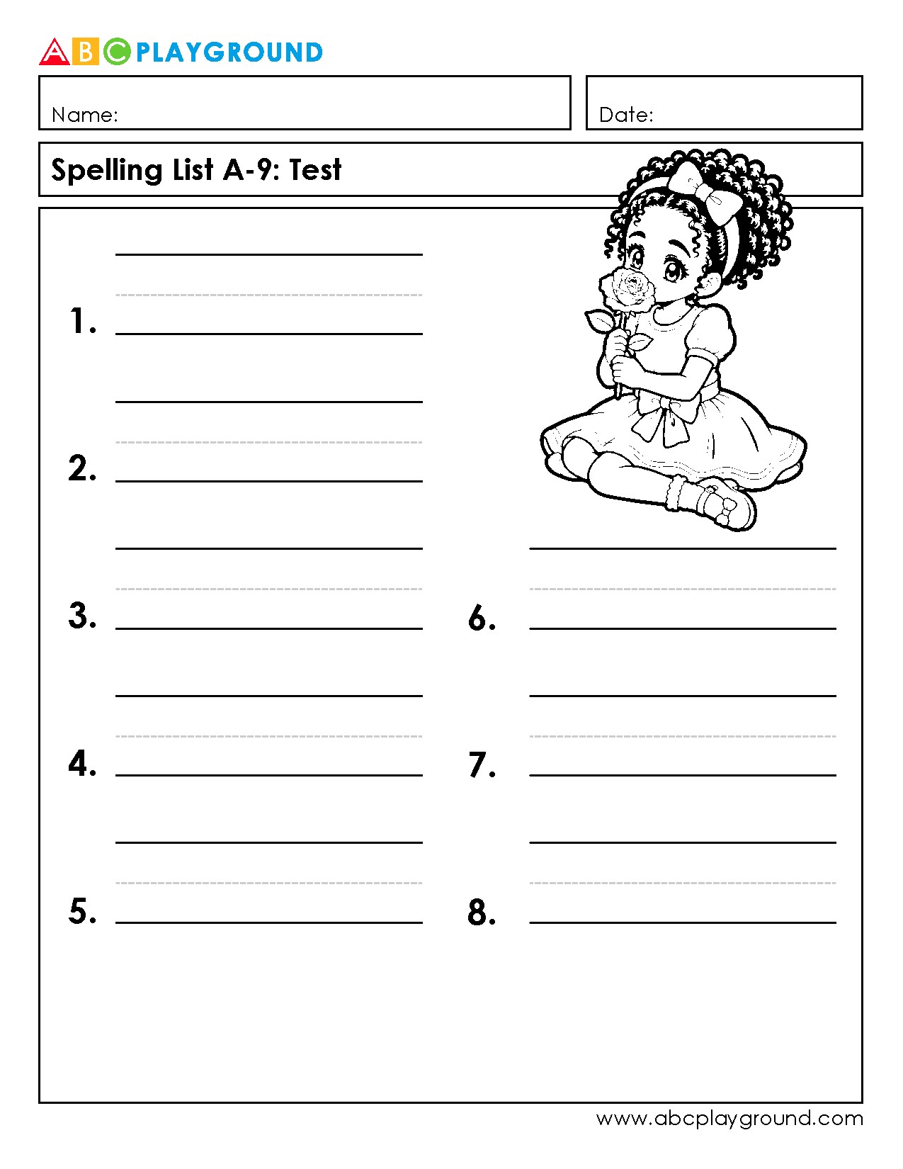 Spelling Test Worksheet with Space for Eight Words