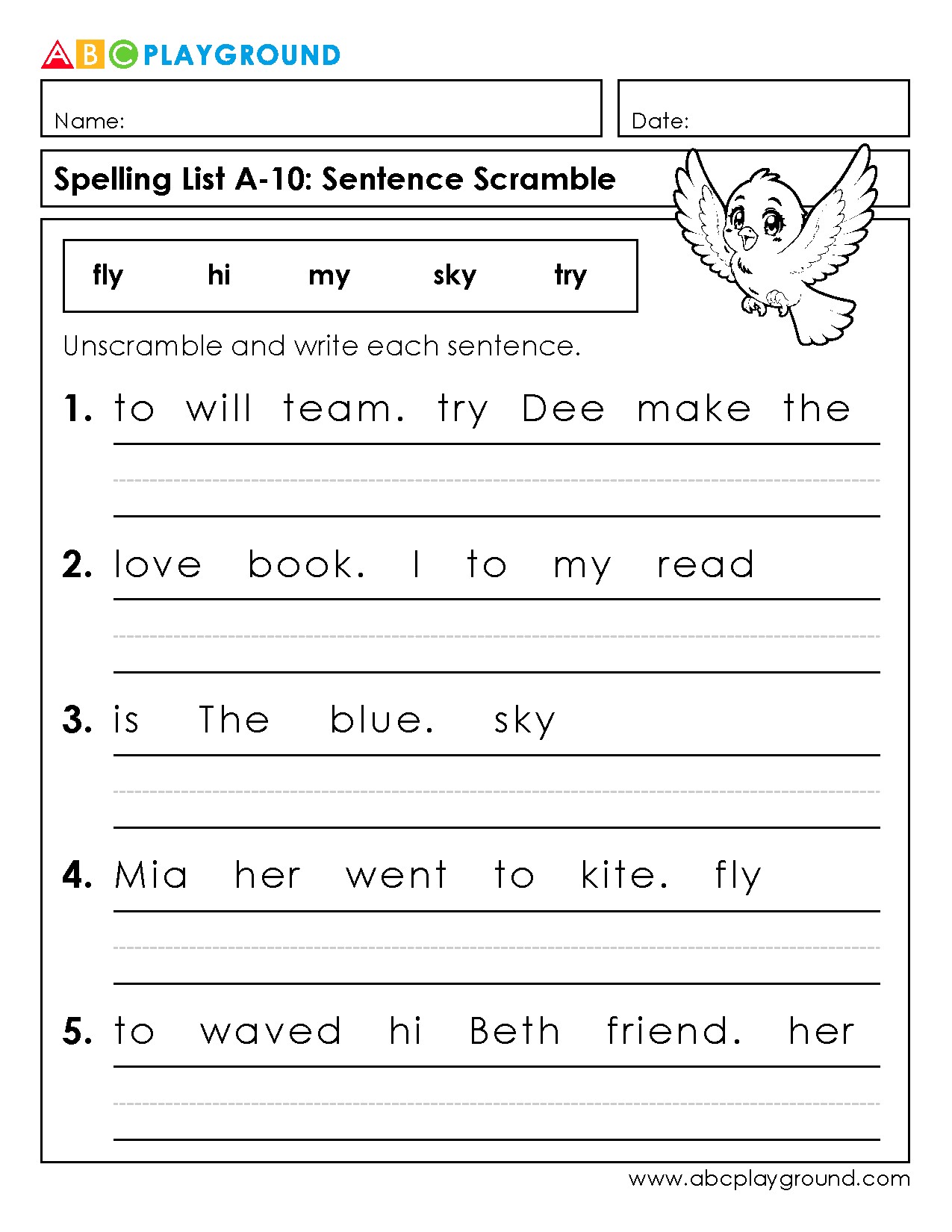 Sentence Scramble Worksheet for Early Spelling Practice