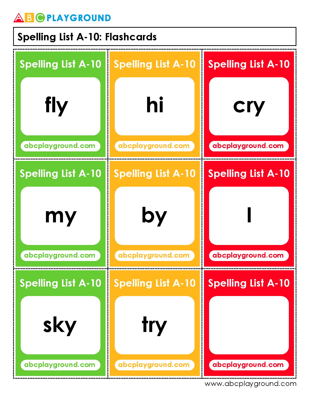 Spelling List A-10 Flashcards for Early Literacy Practice