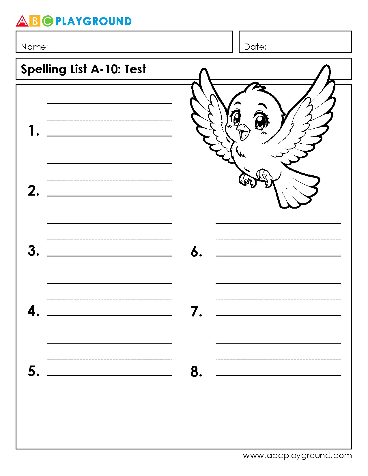 Spelling Test Practice Worksheet with Fun Bird Illustration